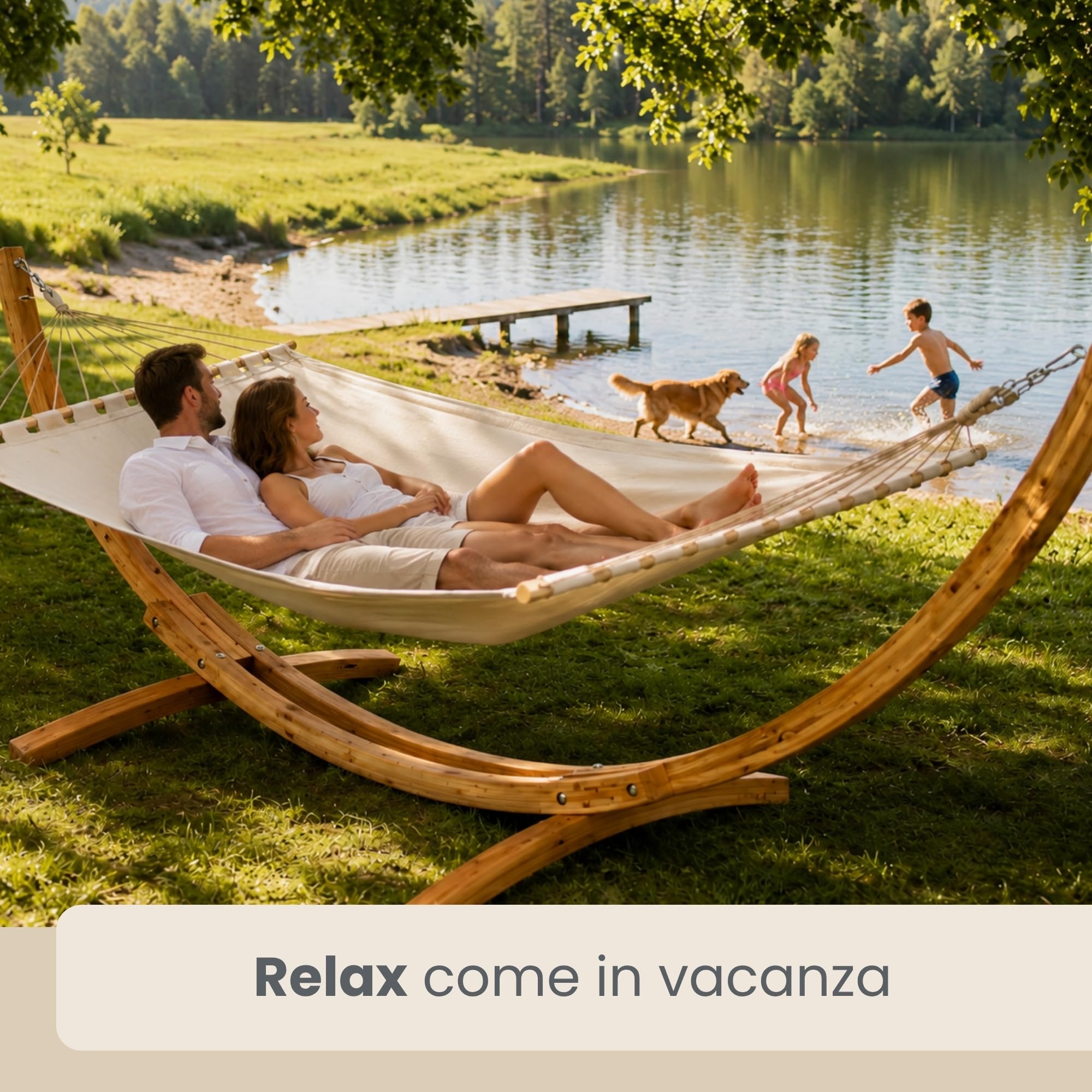 AMANKA Amaca da Giardino in Tessuto Sospesa Interno Struttura Supporto in Legno - 325 cm per 2 Persone - 2 Posti