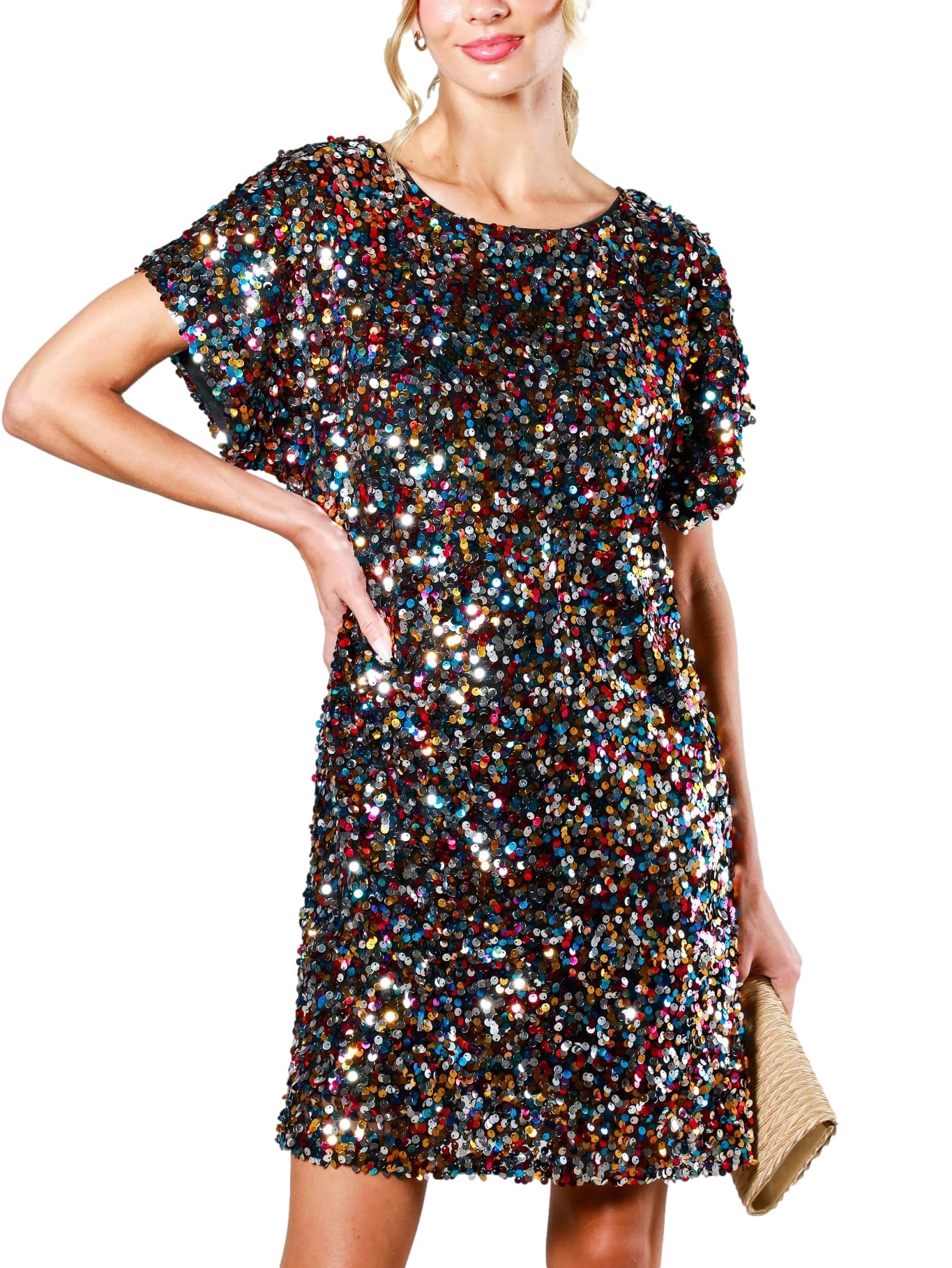 Women's Crewneck Sequin Shift Dress Short Sleeve Casual Holiday Sparkly Party Dress