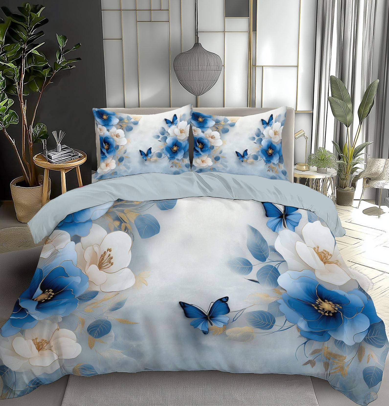 Housse de couette 240x260 cm en microfibre avec 2 taies d'oreiller motif papillon bleu gris