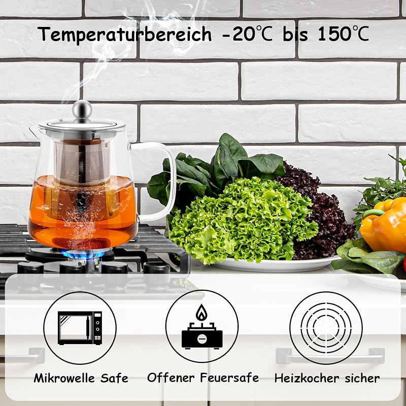 Honneeo Üveg Teáskanna 450ml Rozsdamentes Acél Szűrővel, Hőálló Boroszilikát Teafőző Laza Tea és Virágos Tea Készítéshez