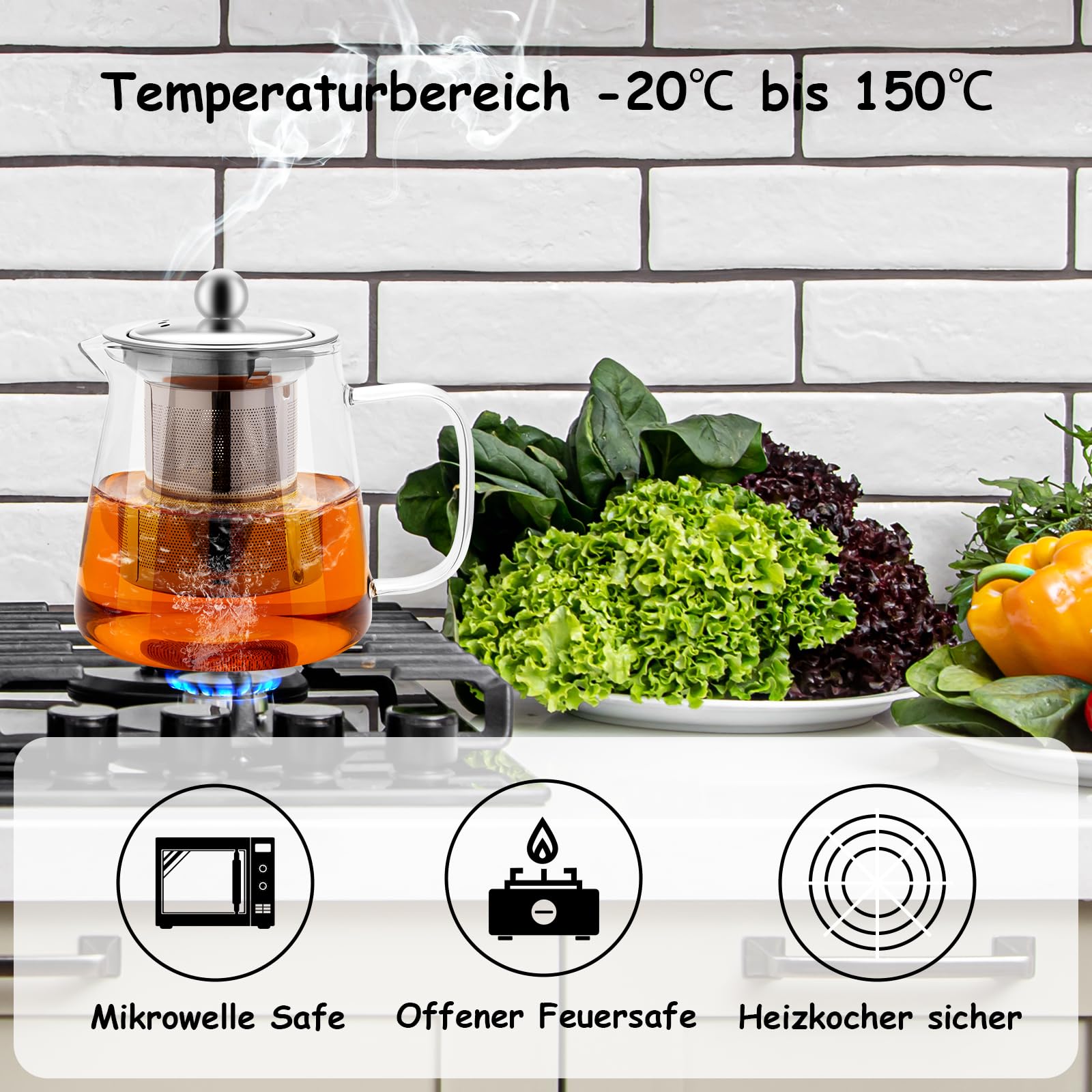 Teekanne Glas mit Siebeinsatz 950ml Teebereiter aus Glas Borosilikat,Klar, Hitzebeständig für Schwarzen Tee, Grüner Tee, Duftender Früchtetee