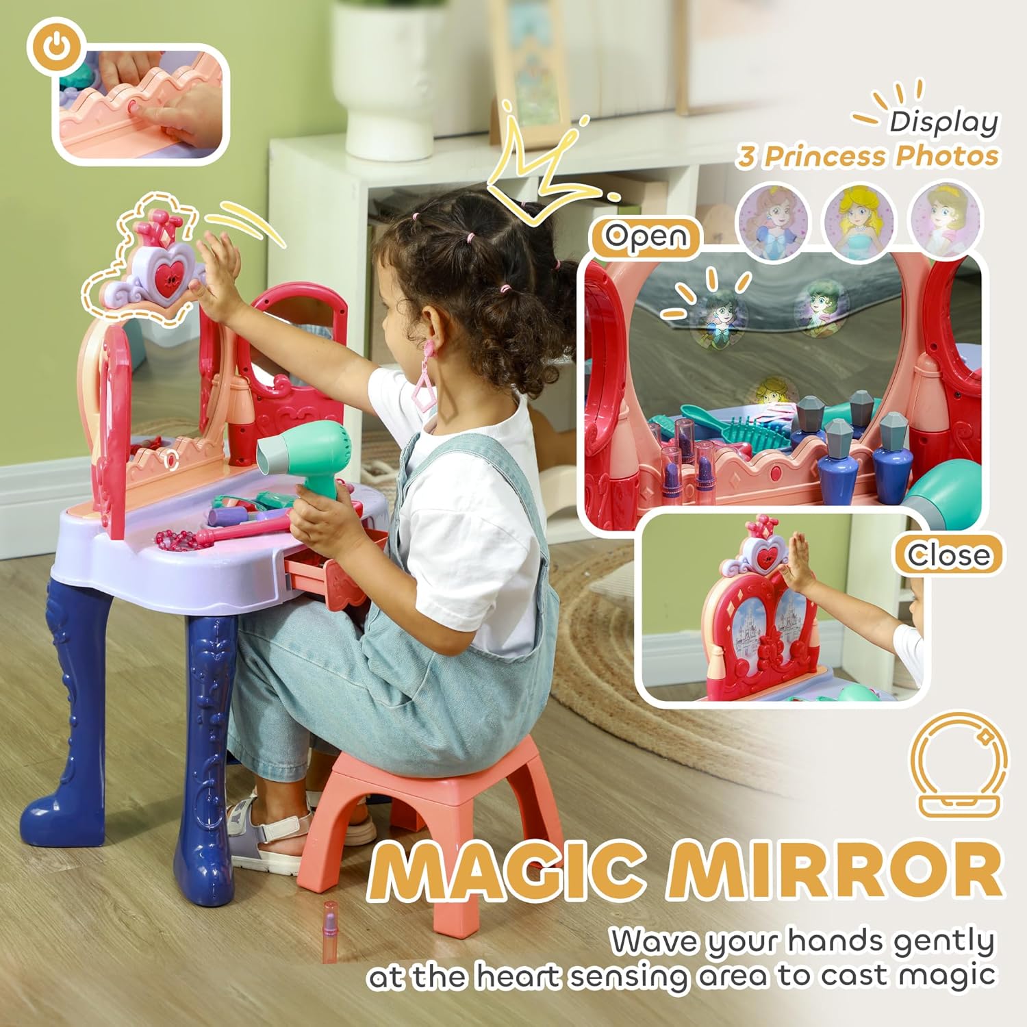 Vanity Set with Mirror and Stool, Toddler Makeup Table with Music, Light, Drawer, Hair Dryer, 20 Makeup Accessories, Girls Vanity for Ages 3 6, Multicolor