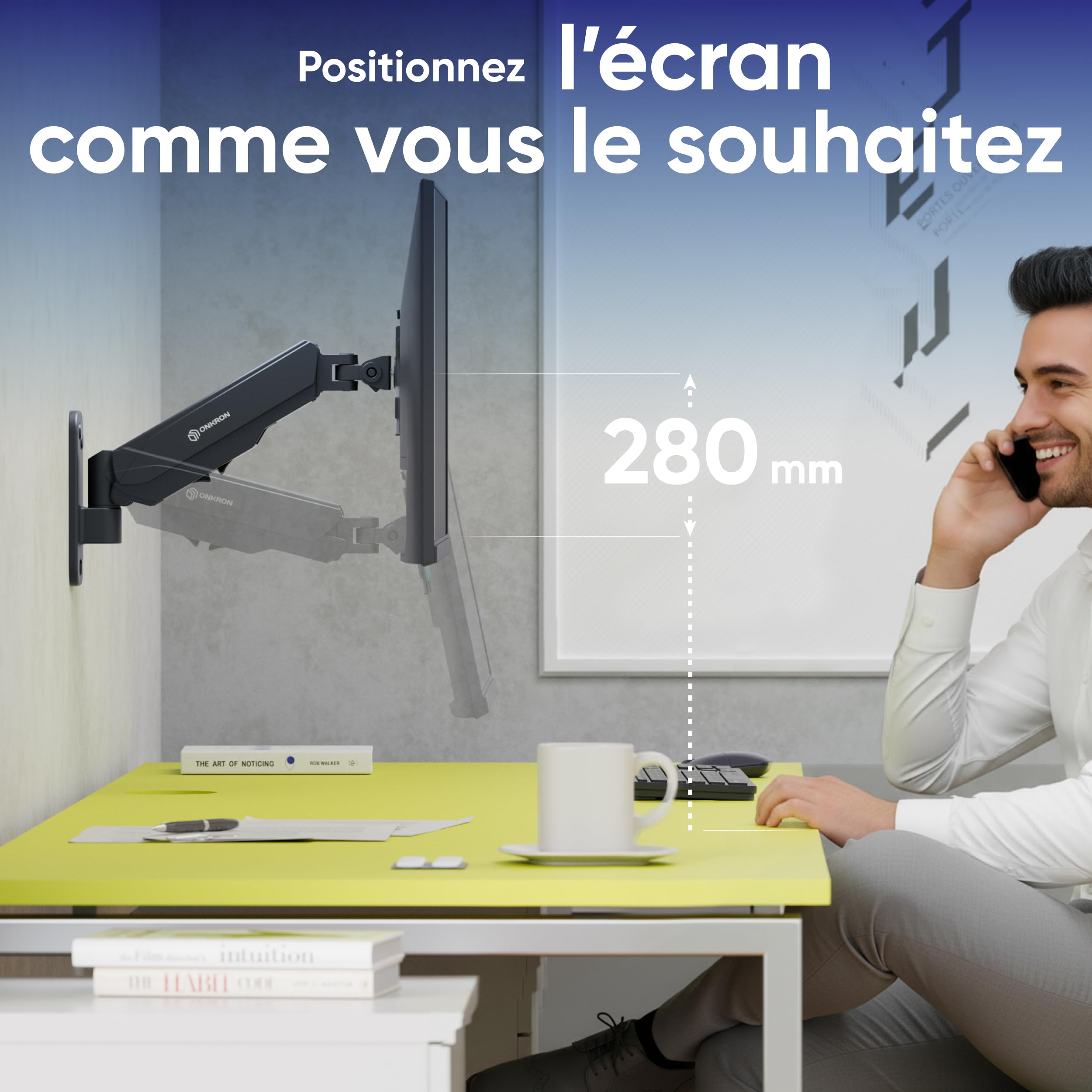 ONKRON Support Ecran PC Mural pour 13" - 34" Moniteur & TV Jusqu’à 8 kg, Support Mural Ecran PC VESA 75x75 & 100x100, Bras Ecran PC, Bras Articulé Écran, Support Écran Ressort à Gaz Noir G120-B