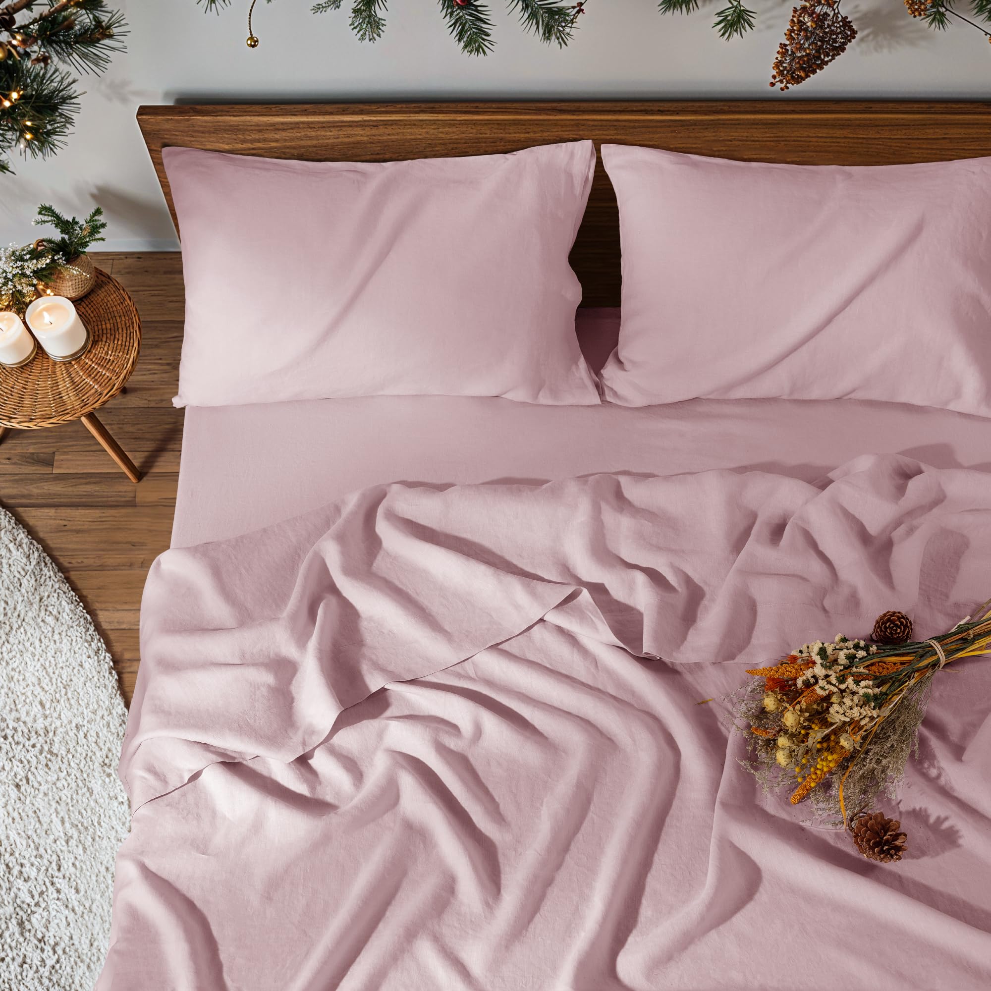 100% Pure Linen Sheet Set for Hot Sleepers, Deep Pocket Up to 16 Inch Cozy All Seasons (Embroidery Purple Queen)