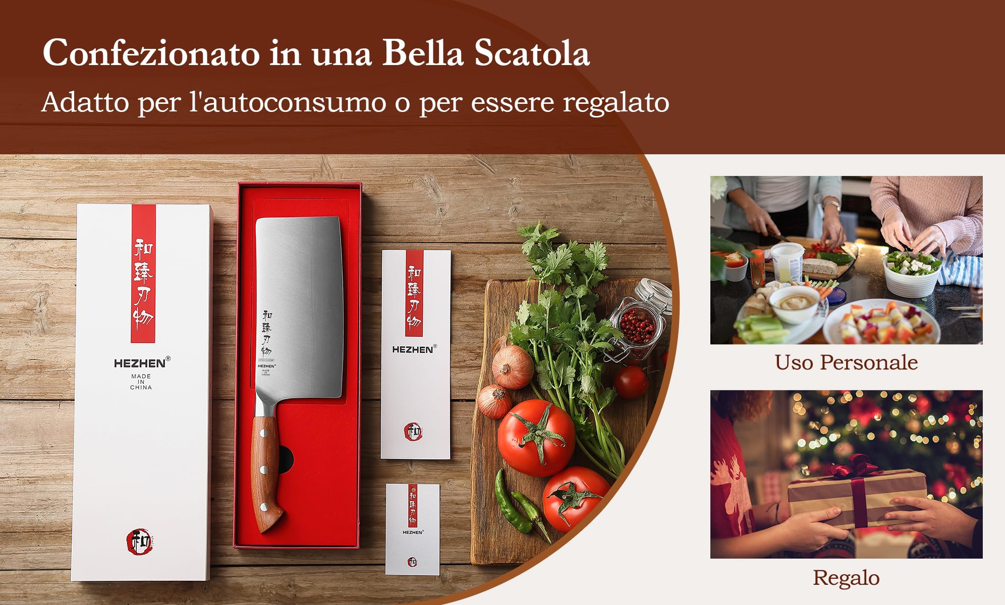 HEZHEN 18cm Mannaia per Carne, Coltello da Chef Cinese, Coltello da Cucina Multifunzionale, Manico in Redwood