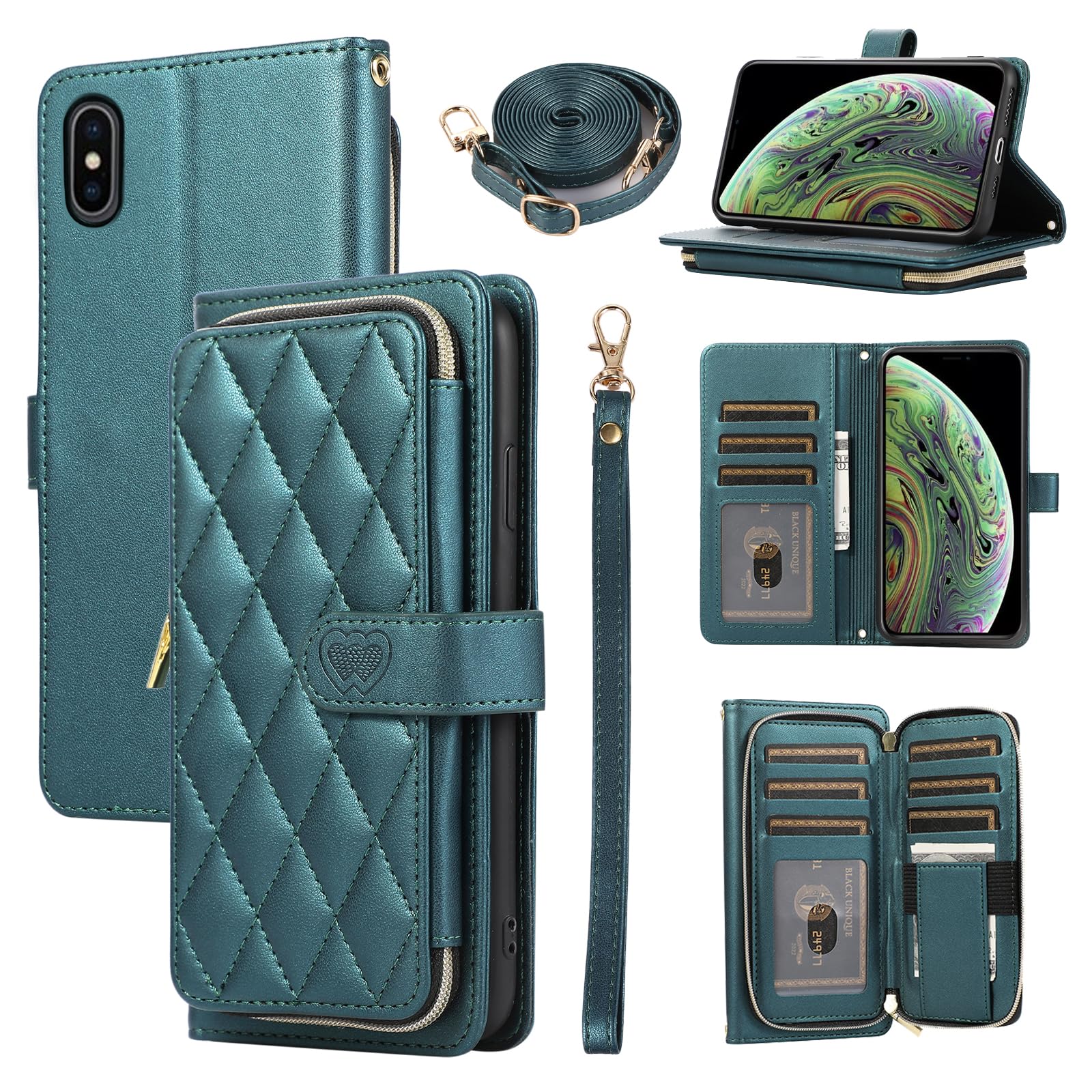 Furiet Argyle Wallet Case for iPhone Xs X 10 10s with Wrist Strap Shoulder Strap Card Slot Zipper Purse, PU Leather Stand Phone Cover for iPhoneX iPhoneXs iPhone10 i PhoneX SX 10x 10xs X’s Green