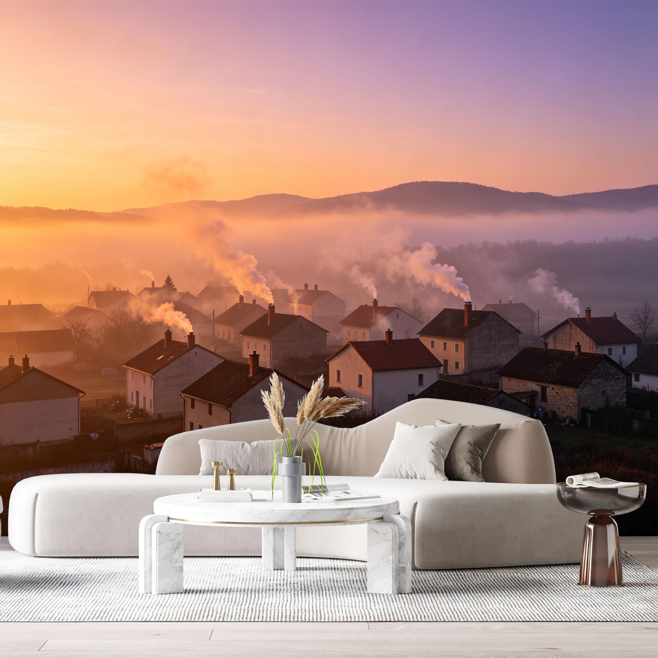 Custom Size Wall Murals Sunrise Village Landscape Mountain Fog Farmhouse Style SelfAdhesive Wall Fabric Removable Large Wallpaper for Photo Living Room