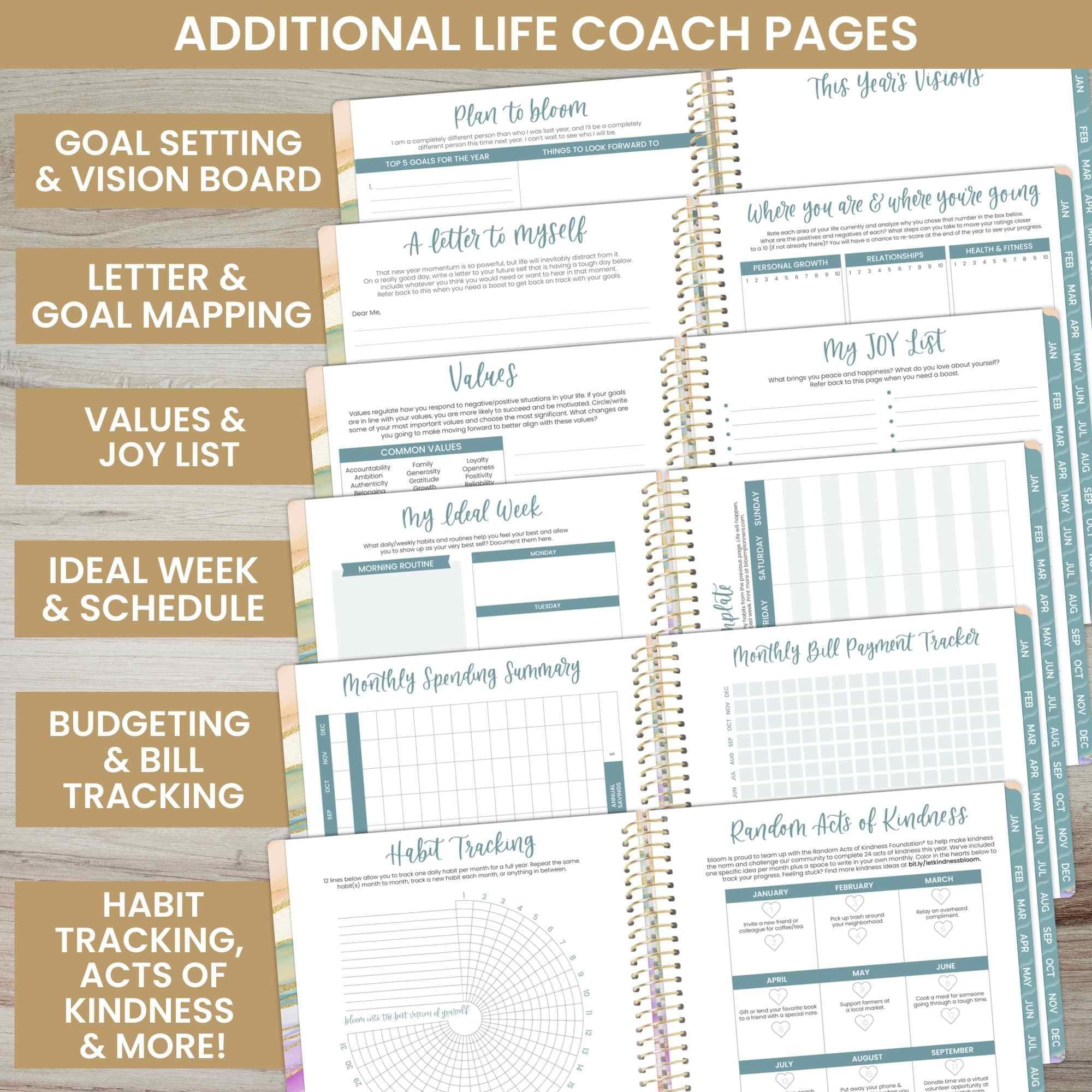 bloom daily planners Calendrier annuel 2025 (21,6 x 27,9 cm) (janvier 2025 à décembre 2025) – Agenda hebdomadaire/mensuel daté avec autocollants et onglets – Vagues aquarelle