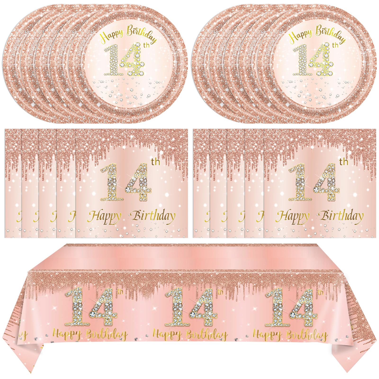 41Pcs 14th Birthday Decorations for Girls,Sweet Rose Gold 14th Birthday Plates and Napkins,Tablecloth Happy 14 Years Birthday Party Tableware Set for 14 Year Old Girls Teenager Party Favor Supplies