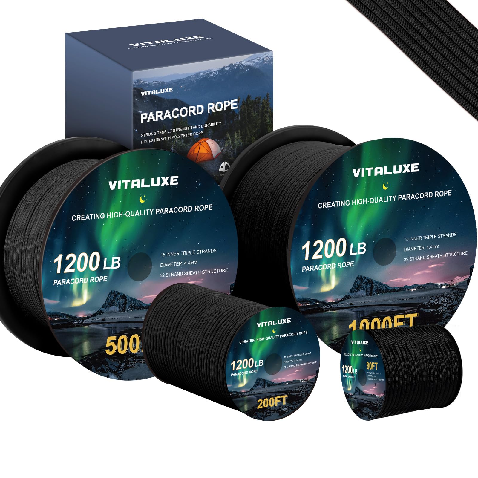 VITALUXE 1200lb Paracord Rope, 4.4mm 15 Triple Strands Paracord, Heavy Duty Tactical Parachute Cord for Survival Gear, Camping, Hiking, and Ideal for