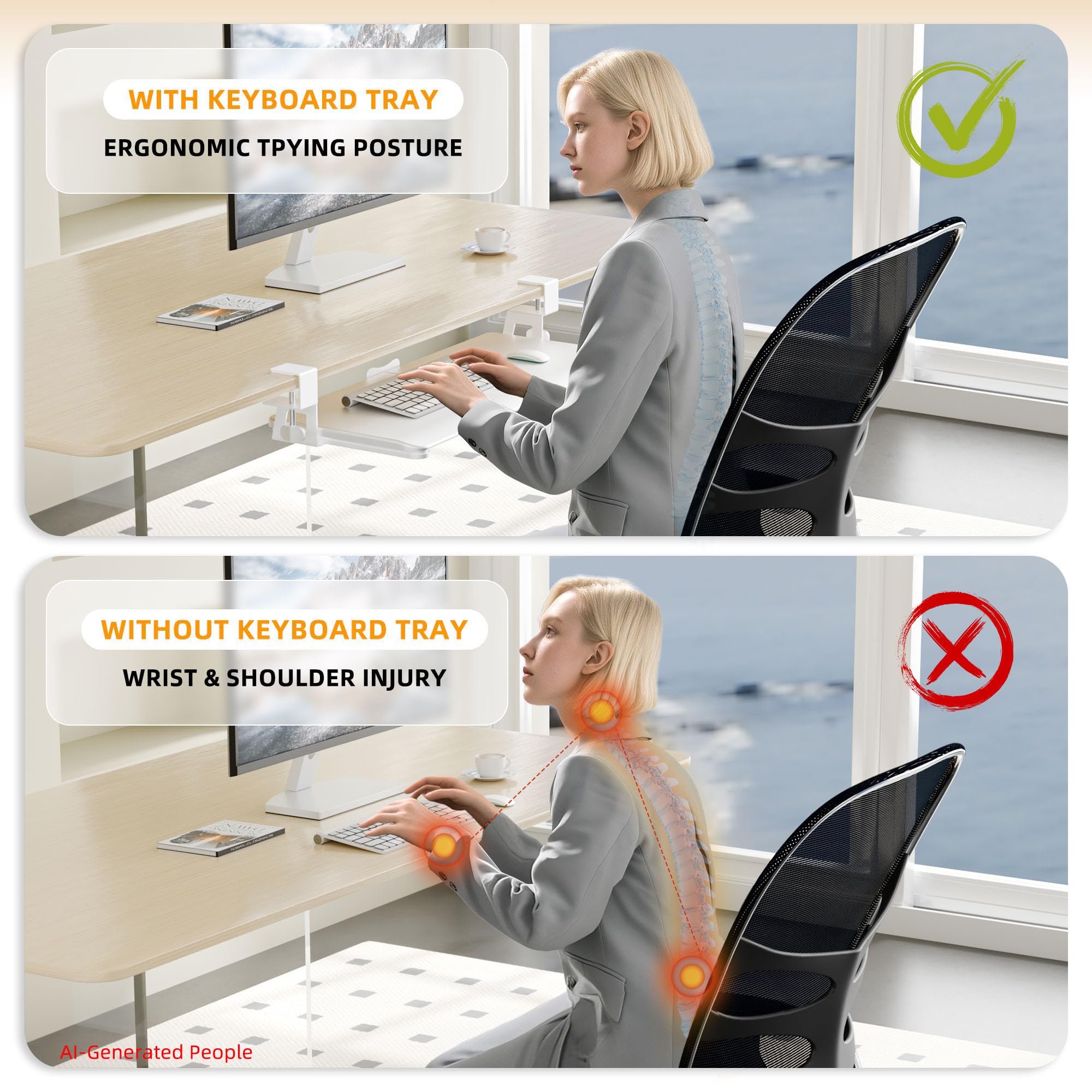 ERGOMAKER Tastaturablage, tastaturauszug untertischmontage mit C-Klemmhalterung, ergonomische Tastaturablage zum Tippen 650x300 mm, Büro und Zuhause (Weiß)