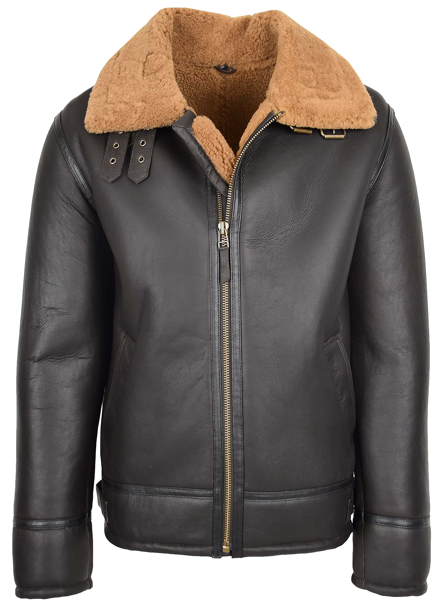 Mens Shearling Aviator Leather Jacket Sheepskin Coat Oscar Brown Ginger