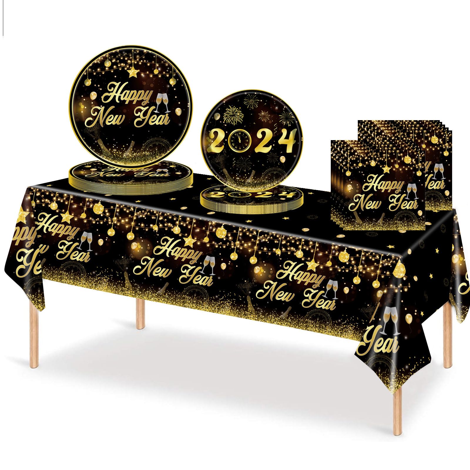 53Pcs Happy New Year Eve Party Tableware Decorations for 2024,Black Gold New Years Eve Tableware Set New Years Table Cloth,7inch 9inch Paper Plates,Napkins for Disposable Dinnerware party Supplier