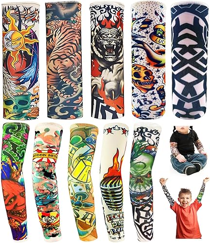 Mangas de tatuaje para niños, 10 fundas temporales para tatuajes para niños, protector solar falso sin cordones con protección UV, mangas