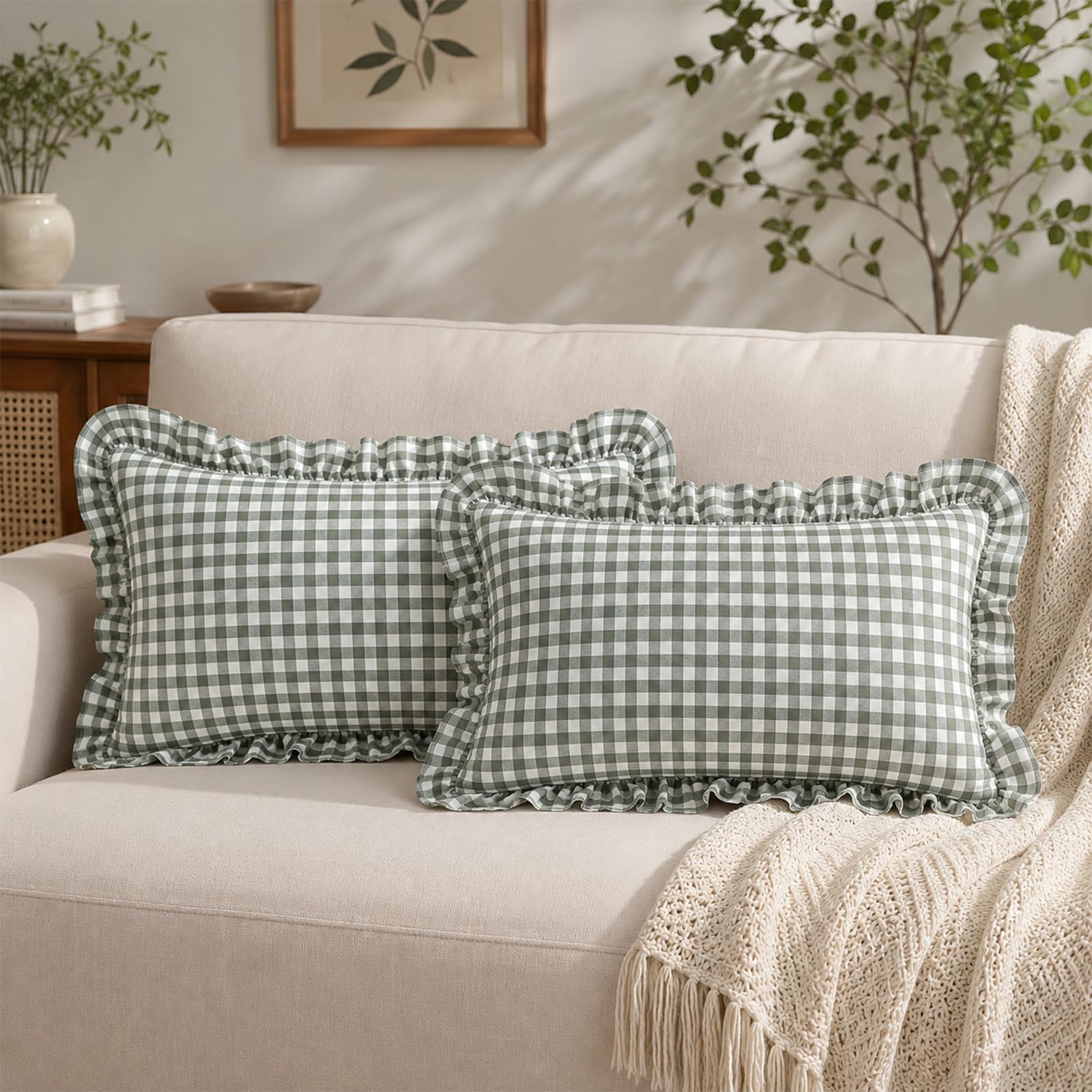 LOHDALOLF Set of 2 Sage Green Ruffle Plaid Lumbar Cushion Covers 30x50 cm Pack of 2, Checkered Gingham Decorative Cushion Cases With Frill Trim, French Country Decor for Bed