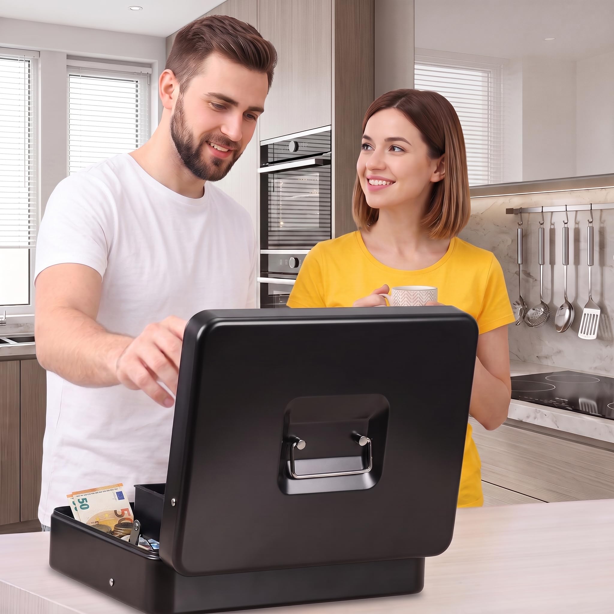 Cyiecw Cassetta con Combinazione Numerica a 3 Cifre, Porta Soldi con Inserto per Monete e 4 Scomparti, Valigetta in Ferro, Portavalori, per Casa, Ufficio, Eventi, 30x24x9cm