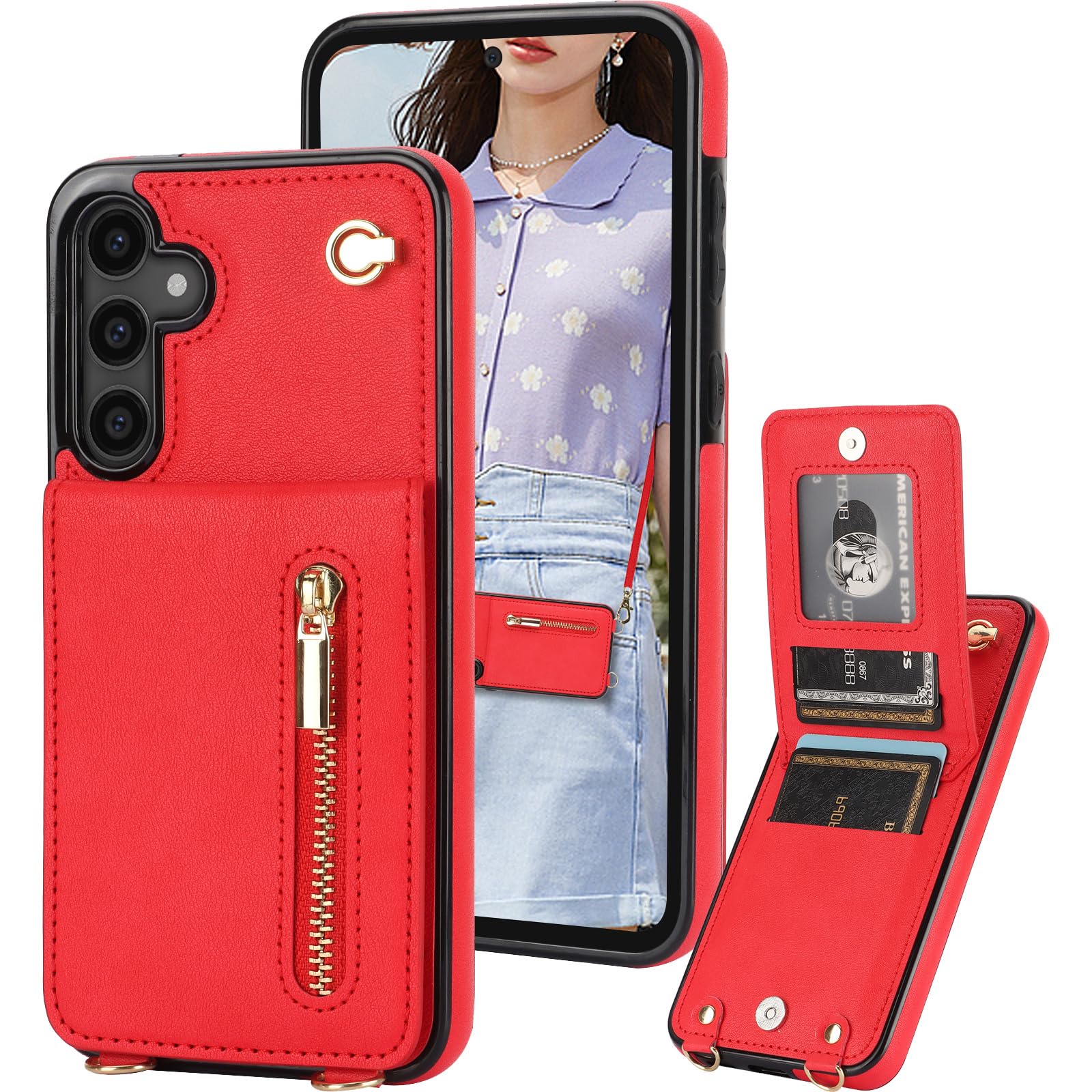 Ephoou Crossbody Wallet Case Compatible with Samsung Galaxy S23 FE with Card Holder, Purse Cover [Removable Cross Body Strap] with Stand Function for Galaxy S23 FE Zipper Case XKLL-Red