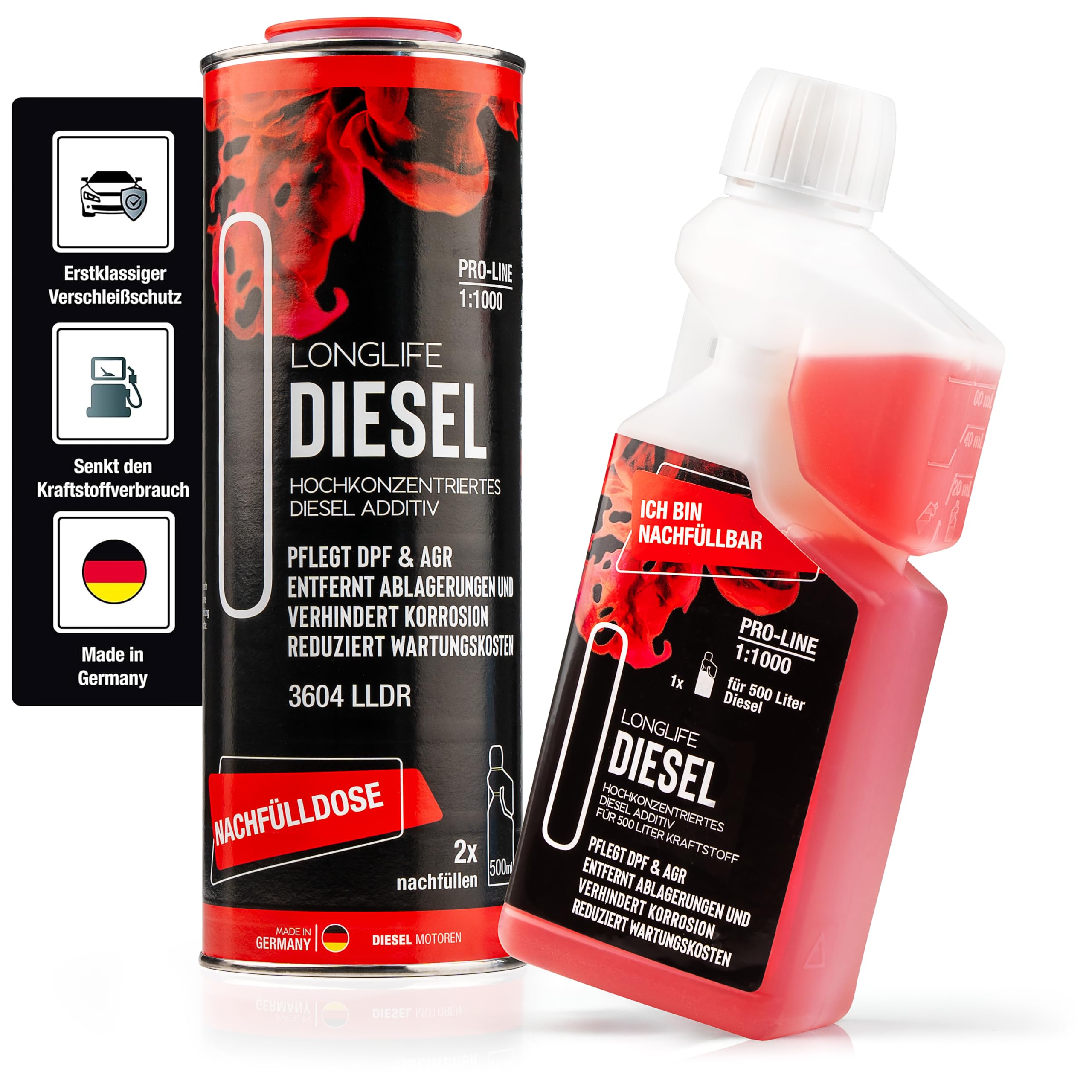 LIFETIME Longlife Diesel Additiv Konzentrat Pro-Line für 1.500l | Diesel Zusatz | Nachfüll-Set | Diesel Reiniger I Diesel Systemreiniger I DPF Reiniger I Diesel Injektor Reiniger I 500ml + 1.000ml