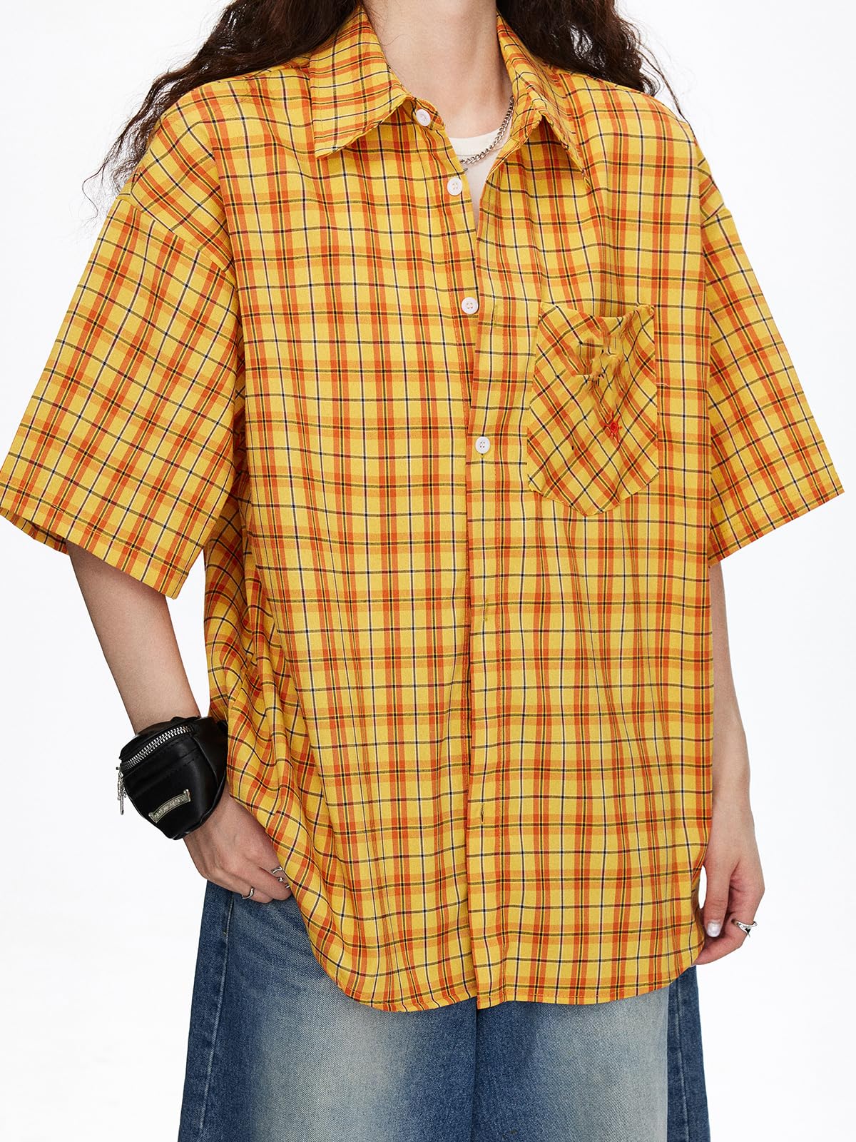 Chemise Femme à Carreaux Jaune à Manches Courtes Brodée Lettres