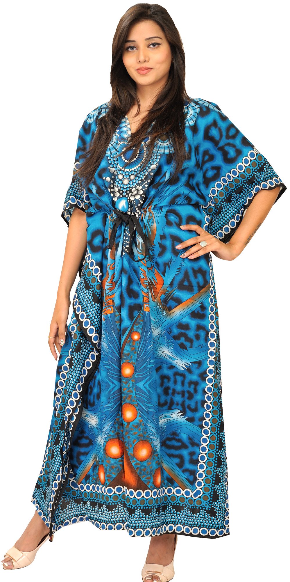 Exotic India Long Kaftan with Cosmic Print and Dori at Waist - Color Celestial BlueGarment Size Free Size-image-10