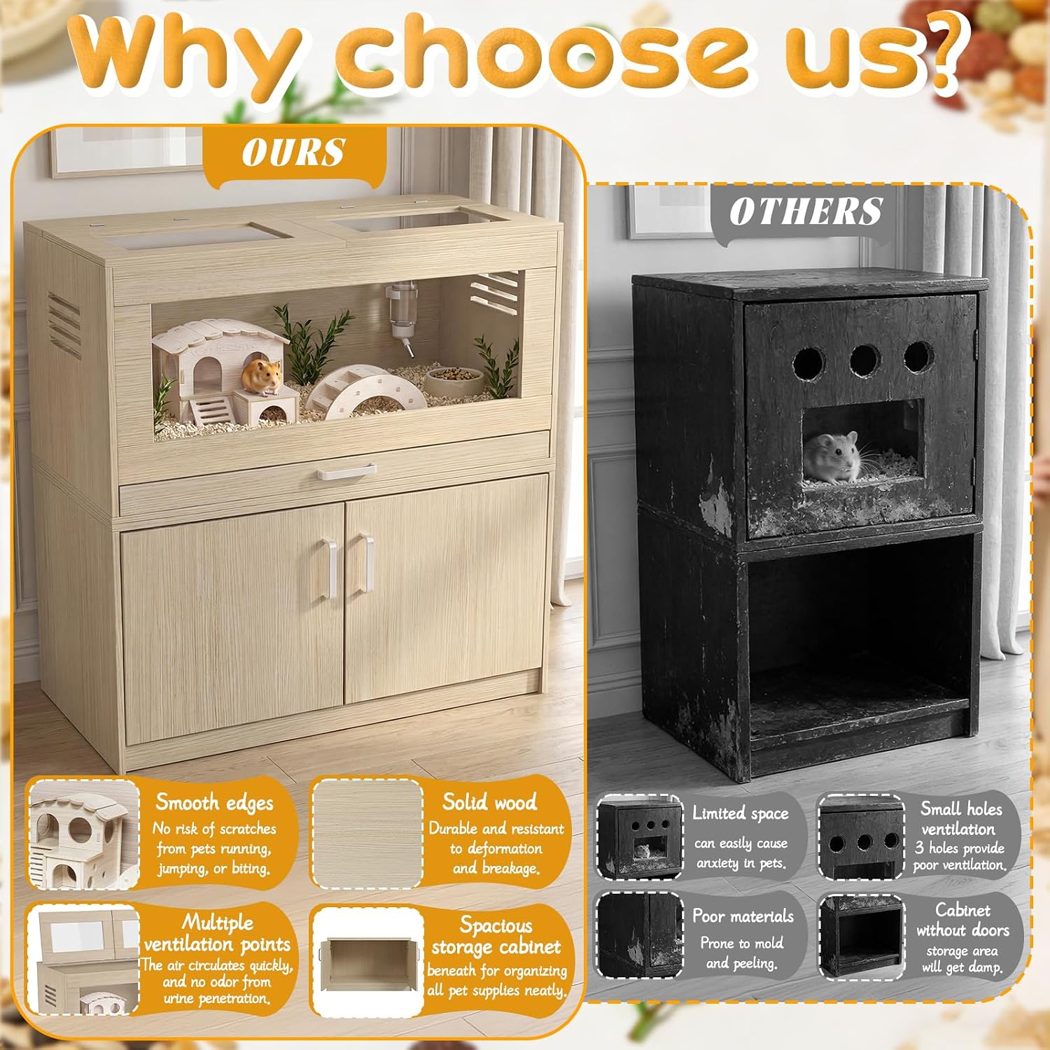 Hamster Cage with Storage Cabinet Detachable, Large Wooden Small Animal Habitat with Easy-Clean Drawer & Acrylic Panels for Guinea Pig, Rabbit, Hedgehog, Gerbil, Chinchilla, Teak