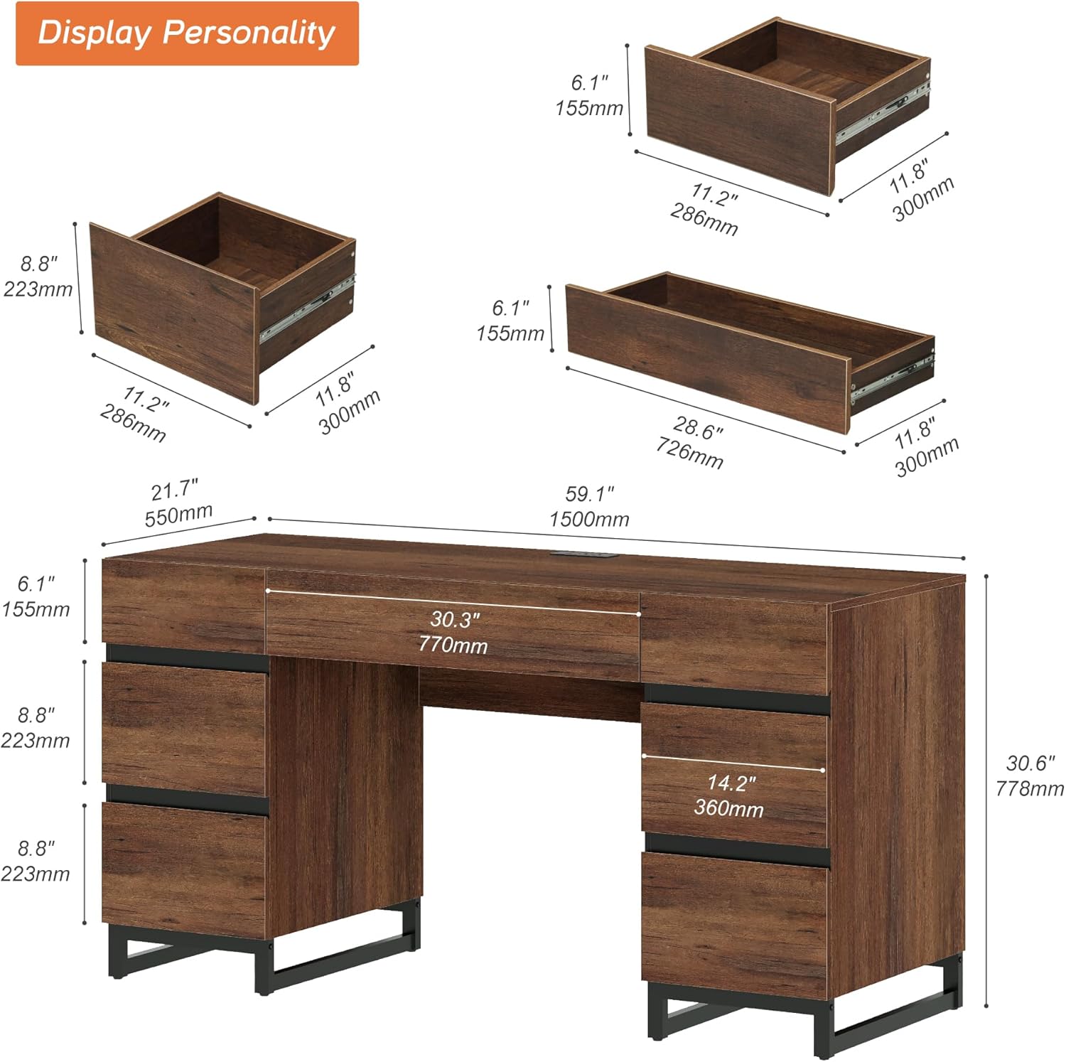 Exploded view of the WAMPAT desk components and dimensions