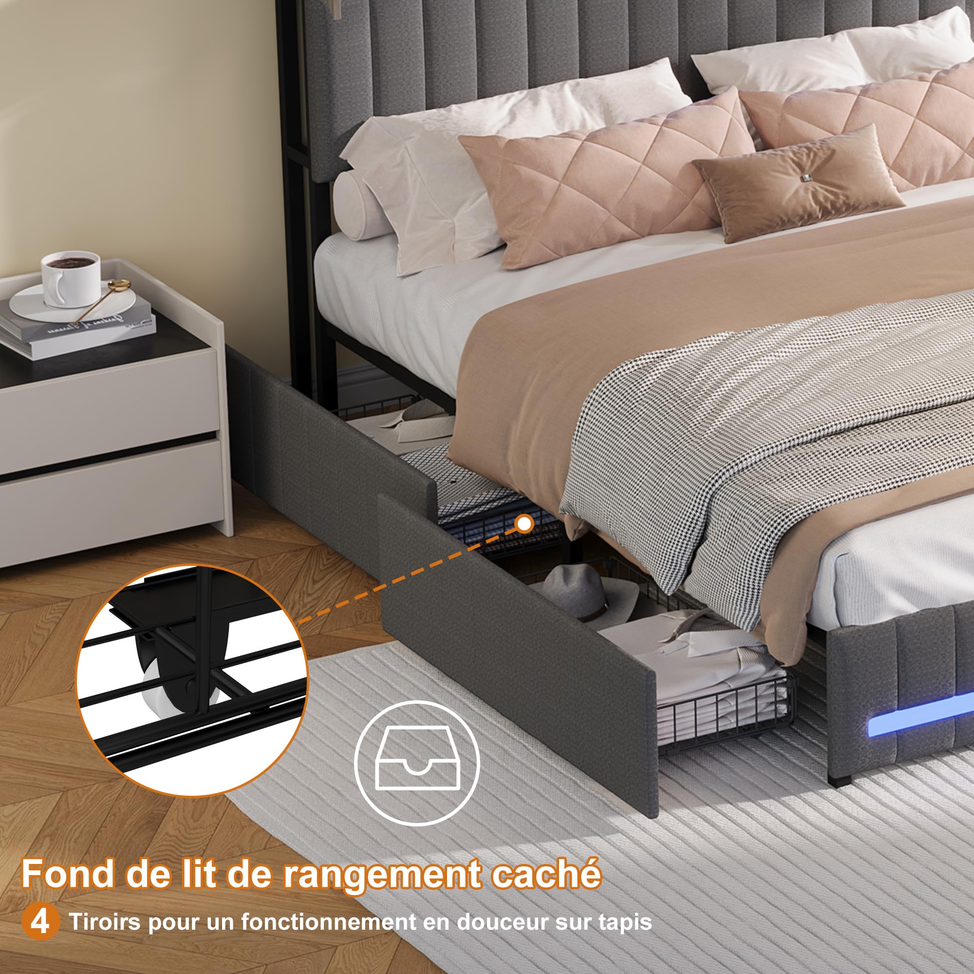 LONELYO Lit Coffre 160x200 avec Sommier LED et USB, Tête de Lit Capitonnée en Bois, Cadre en Lin Moderne, 4 Tiroirs Coulissants, Gris