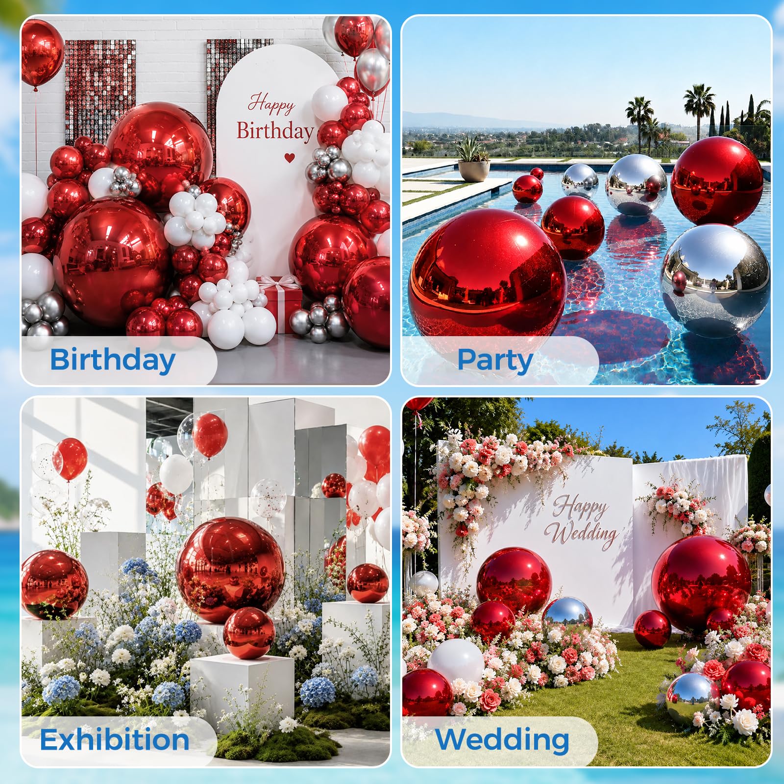 Rouge Boule Miroir Gonflable 50 CM avec Pompe Gonflable Grandes boules brillantes Décorations de Noël