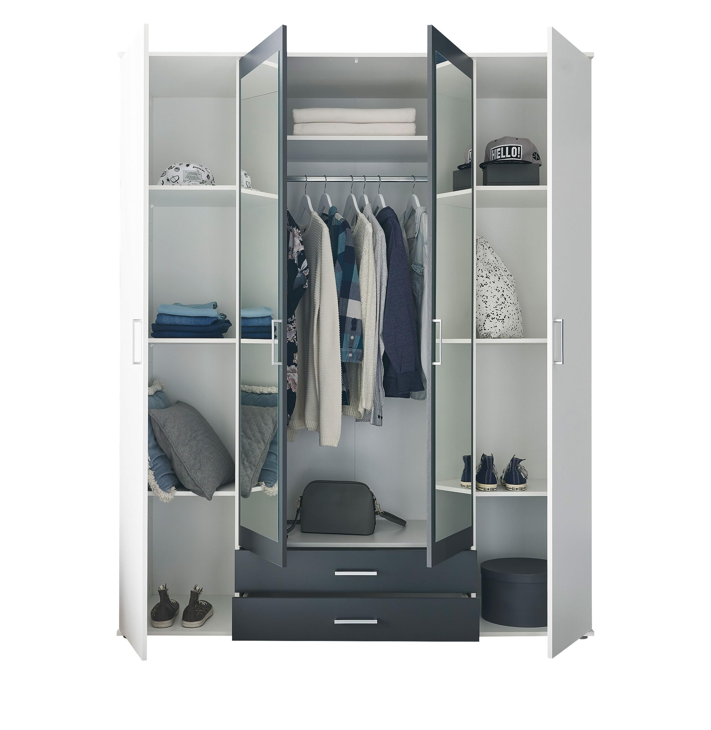 AVANTI TRENDSTORE Hanu - Armadio in legno laminato a 2 ante a battente in legno, 2 ante con specchio e 2 cassetti. Disponibile nel colore bianco/grafite. Dimensioni LxAxP 160x196x54 cm