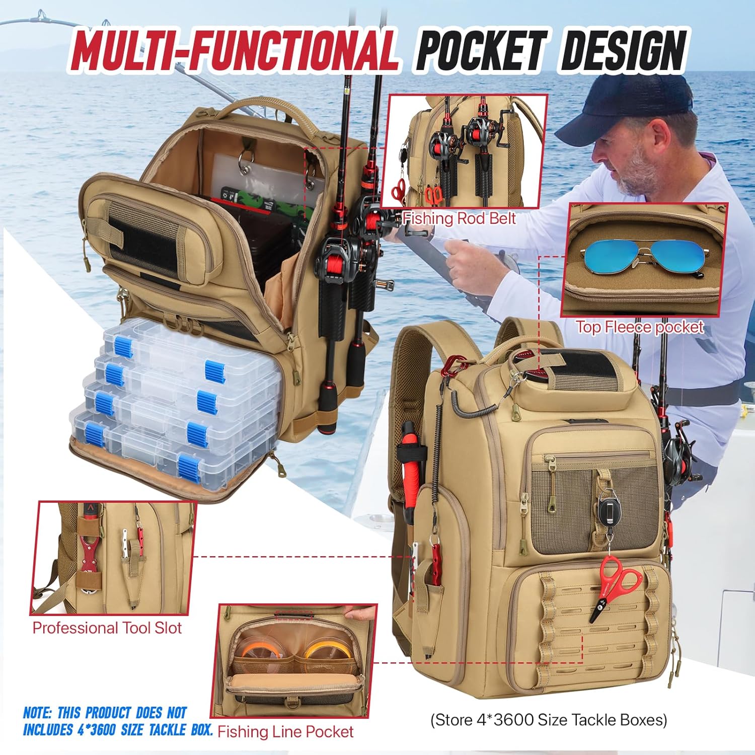 Fishing Tackle Backpack,Tackle Bag with 2 Rod Holders,Water-Resistant Large Storage Fishing Gear and Equipment (B-Khaki)