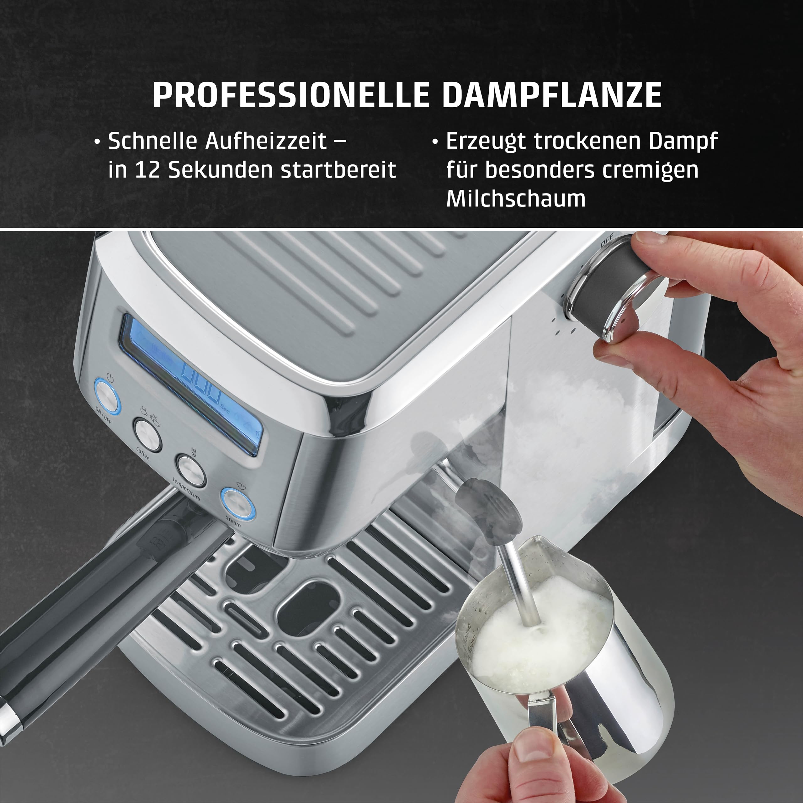 Caso EspressoGourmet Crema - Siebträgermaschine, Espressomaschine, mit Milchaufschäumer, Espresso, Cappuccino, Siebträger aus Edelstahl, 20 bar ULKA-Pumpe, Kaffeemaschine Kaffeepulver, ESE Pads