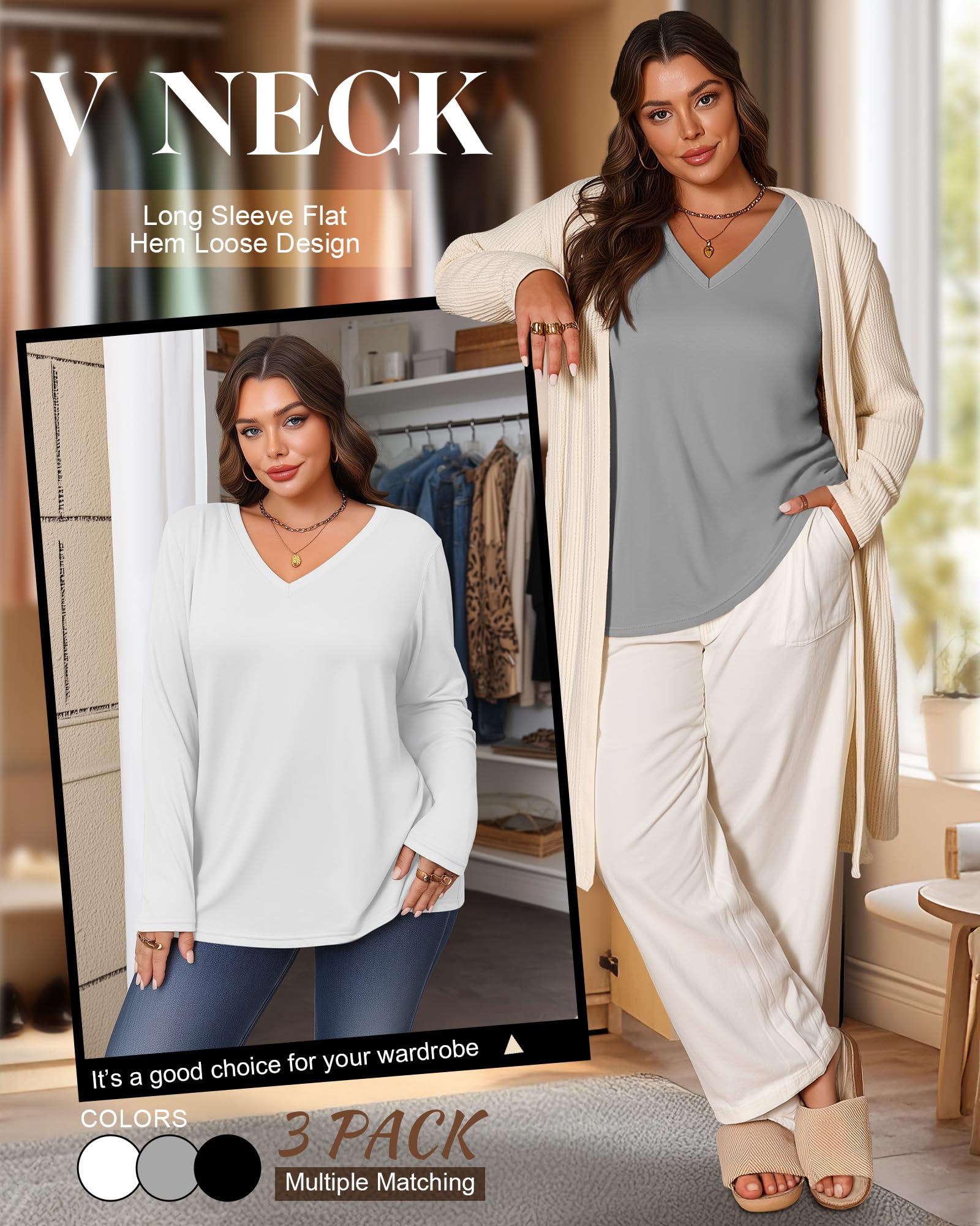 Riyiper Set da 3 Top Donna Plus Size | Scollo a V, maglia a maniche lunghe, vestibilità ampia, casual, basic, elegante tunica, biancheria intima