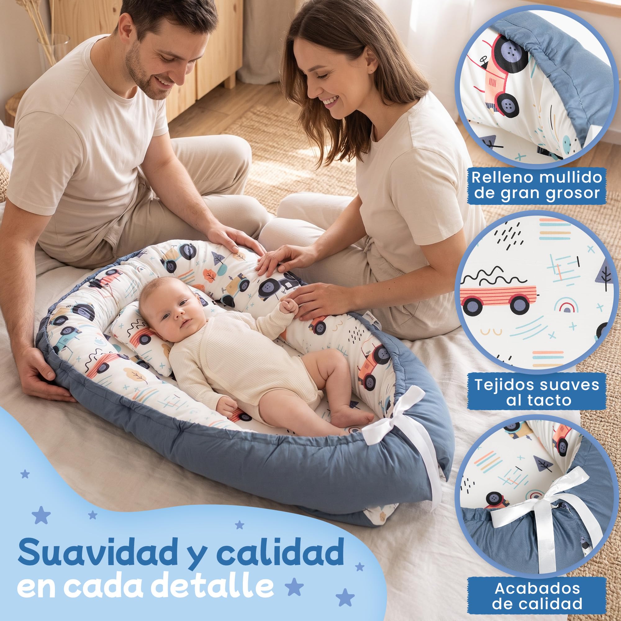 Reductor de Cuna para Bebé | Nido Bebé con Cojín Ergonómico, Funda Desenfundable y Lavable | Colchoneta Acolchada Suave con Estampado | Ideal para Cuna, Moisés y Colecho
