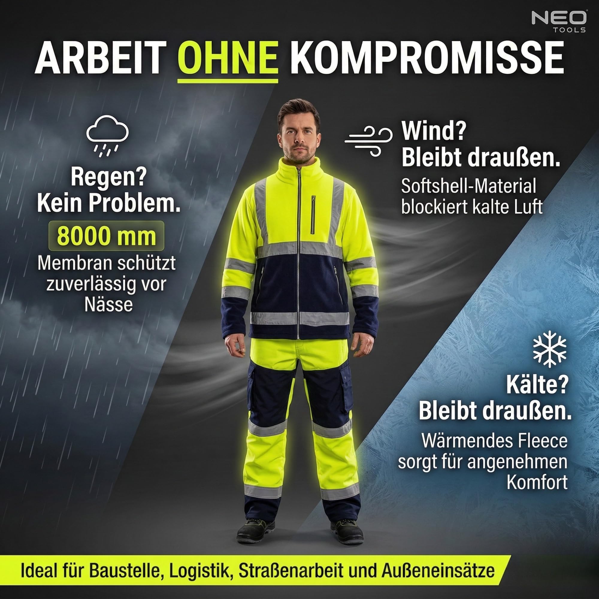 NEO TOOLS Herren Set Warnschutz-Arbeitshose + Arbeits Fleece Jacke | Hose wasserfest (Wassersäule 8000 mm) Hose aus Softshell mit Fleece-Innenfutter, Gelb, S-2XL