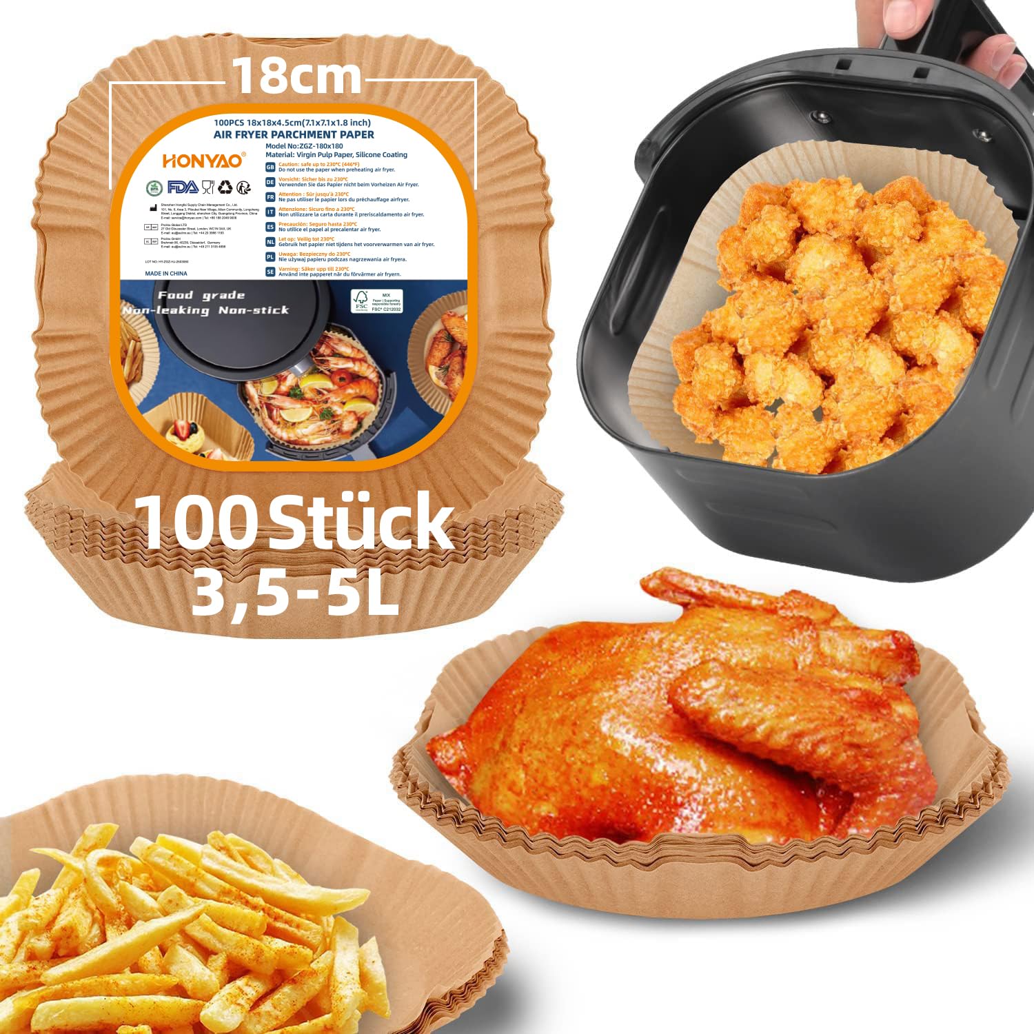 HONYAO Backpapier für Heißluftfritteuse 3,5-5 L, 100 Stück 18x18 cm Eckig Air fryer Papier Antihaft Einwegschalen Luftfritteuse Pergamentpapier Liner Kompatibel mit COSORI,Philips,Cecotec Airfryer