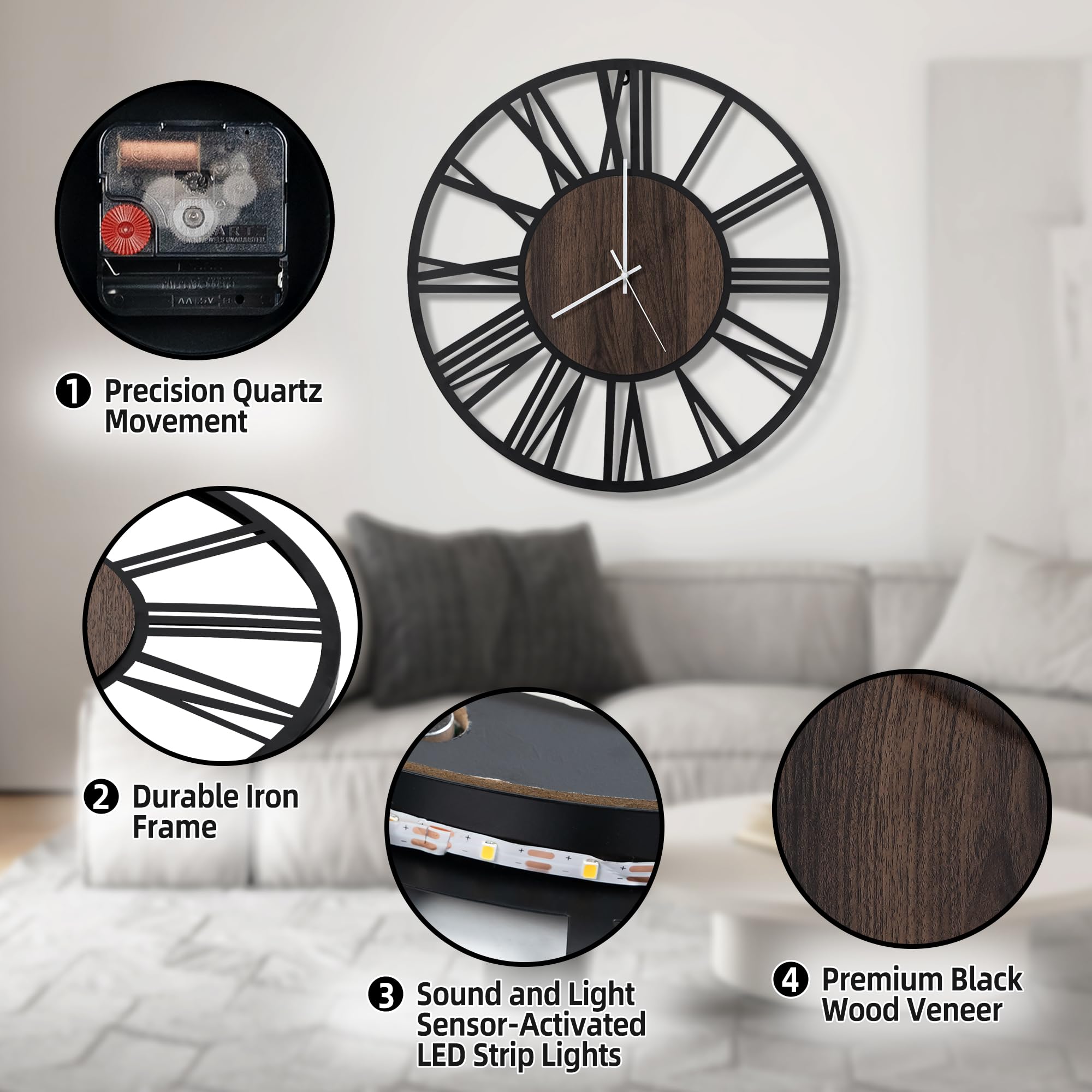 Maxstar 50CM Große Wanduhr Für Wohnzimmer, Batteriebetrieben,Still, Nicht Tickend, Holzstil, Moderne LED-Wanduhr Für Schlafzimmer, Garage, Büro, Esszimmer, Küchendekor (Römische Ziffern, Schwarz-20)