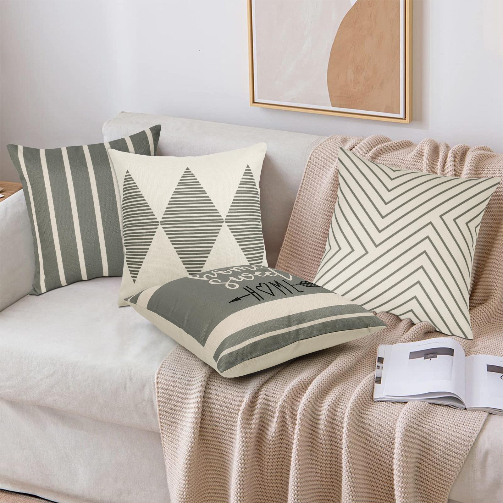 Dremisland Grey and White Cushion Covers Outdoor 45 x 45 Set of 4 Waterproof Striped Pillow Covers Geometric Cushion Cases Decorative Pillow Cases Farmhouse Pillowcases for Sofa Patio Couch Balcony - Image 2