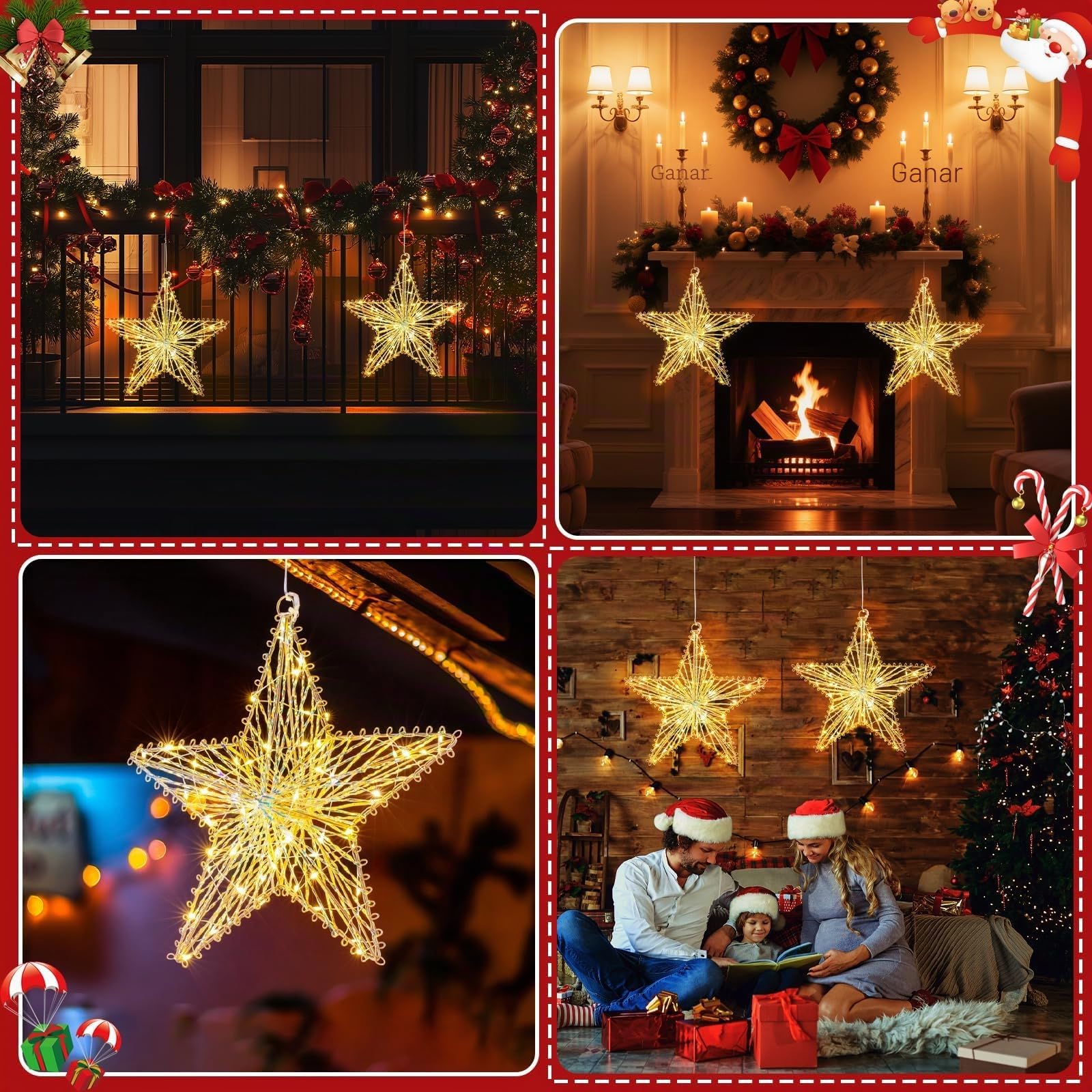 GlobaLink Estrella Interior Exterior, 2 Pc 60 LED Luces | Navidad Ventana por Batería Tridimensional Decoración Navidad Impermeable con Temporizador, 8 Modos