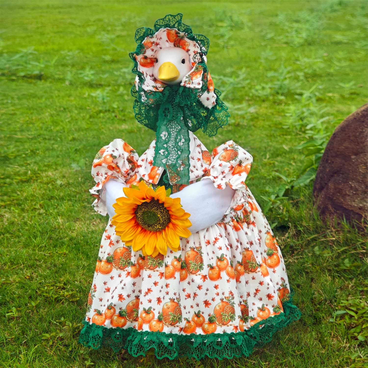 23" Spring Summer Porch Goose Outfits,Sunflower Cement Goose Dress, Medieval Country Lolita Style Goose Costume with Pearl Necklace, St.Patrick Four Season Outdoor Decor Garden 