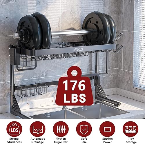 Miniatura 4 de VNKZI Escurridor de platos sobre el fregadero, 2 niveles de almacenamiento de acero inoxidable de longitud ajustable (25.98 a 36.61 pulgadas),