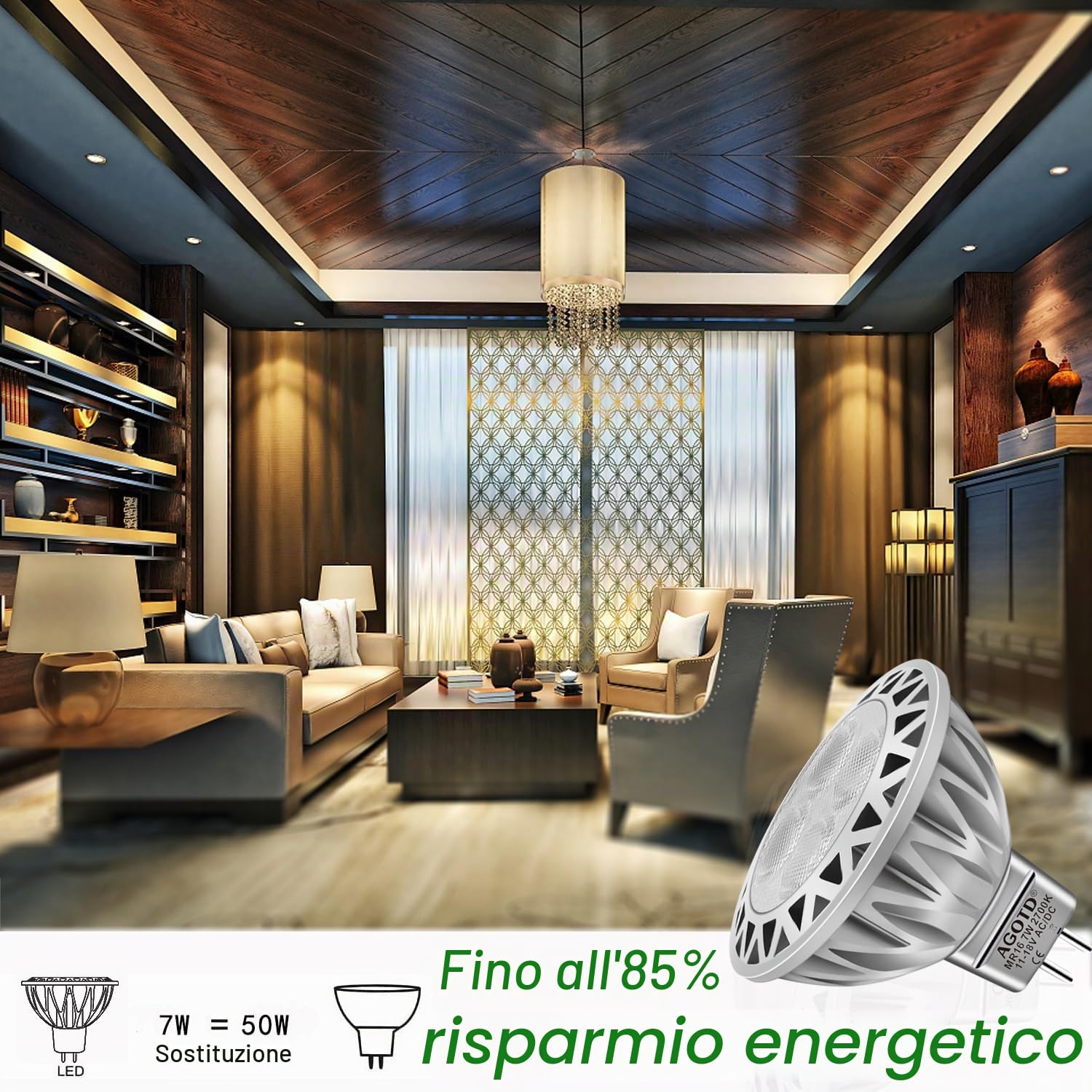 AGOTD Lampadina LED GU5.3 MR16, 7 W, 2700 K, luce bianca calda, sostituisce faretto alogeno da 50 Watt, angolo di diffusione 38°, 12 V AC/DC, confezione da 6, BL-MR16YF6K-7W