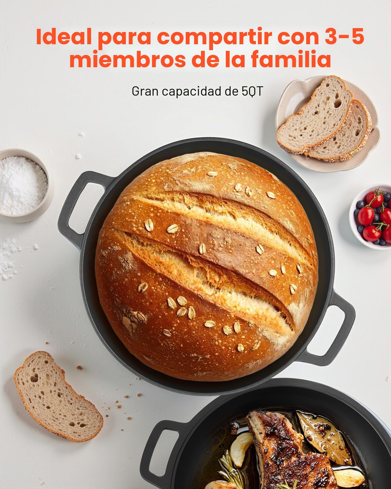 VEVOR Horno Holandés de Hierro Fundido, 2 en 1 con Tapa, 4,73 L, con Cesta de Fermentación y Accesorios, Compatible con Horno de Pan de 260 °C, para 3 a 5 Personas a la Vez, 322 x 260 x 165 mm