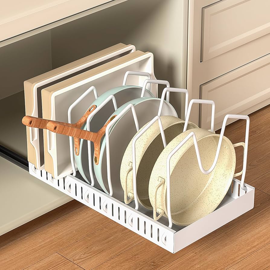 GoMaihe Pots and Pans Organizer Under Cabinet 1 Pack - For Kitchen Pot Lid Bakeware Dishes Pots and Pans Storage - Pull-out Kitchen Cabinet Organizer Rack with Slide Rails White