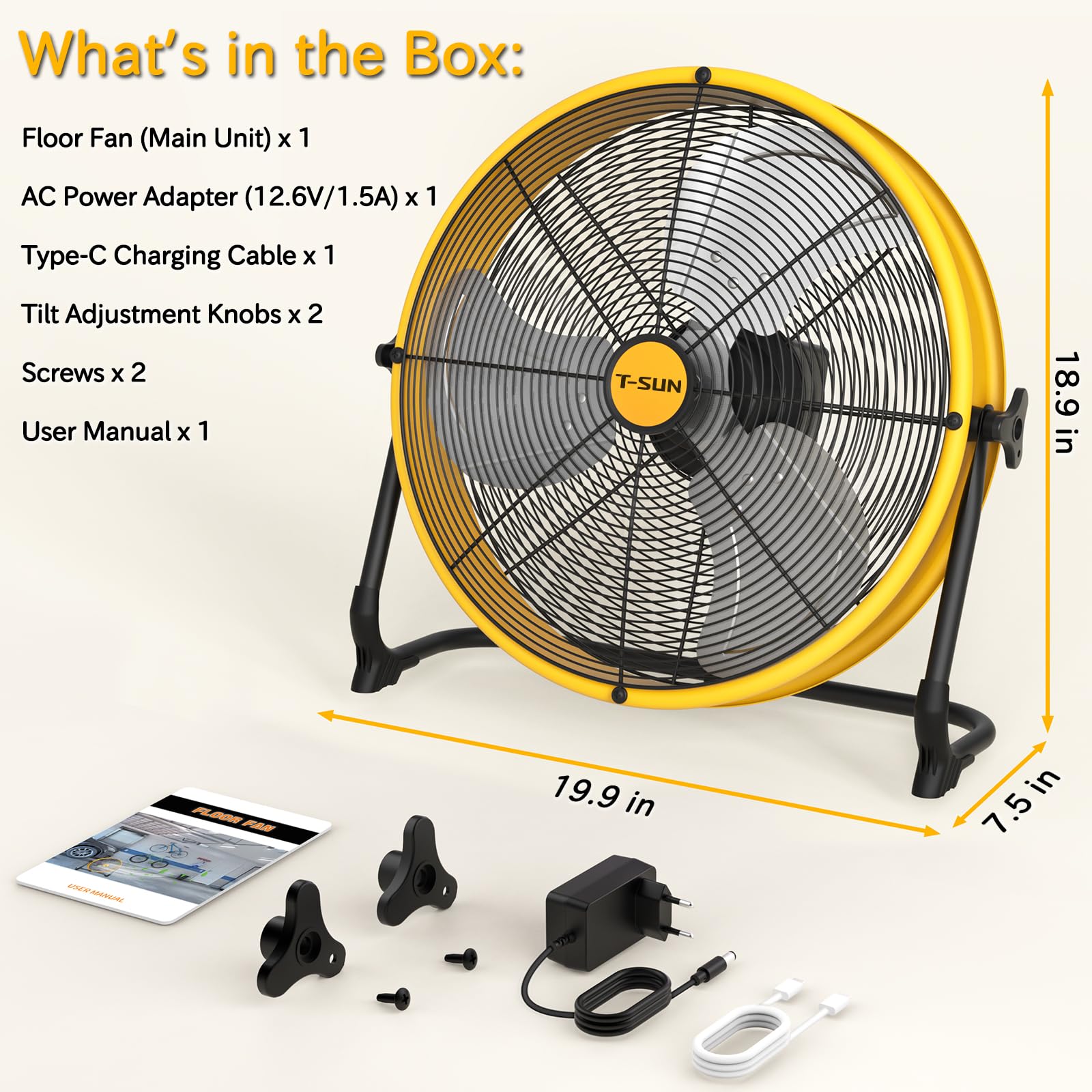 Ventilateur de Sol 40CM, Ventilateur Rechargeable avec 15600mAh, Portable Ventilateur sur Pied Silencieux, Réglage Continu de la Vitesse, Inclinable 360°, pour Garage, Rénovation, Camping, Chantier