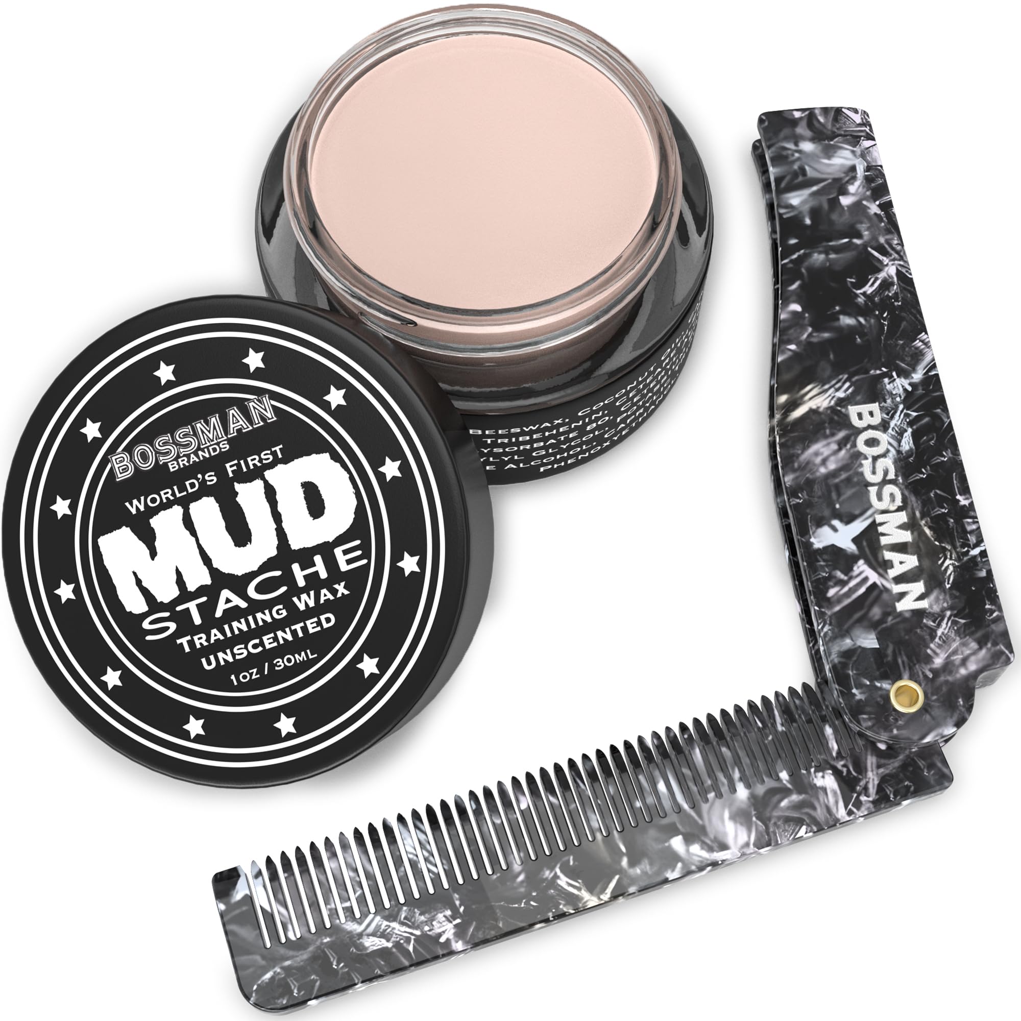 Bossman MUDstache Unscented Mustache Wax for Men & Acetate Folding Comb - Styling and Grooming Combo
