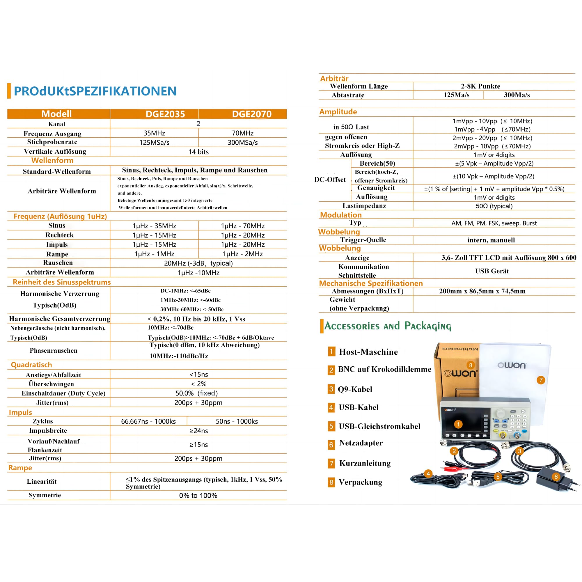 OWON DGE2070 2-Kanal-Funktionsgenerator für Mess-, Test- und Entwicklungsaufgaben, 70 MHz, 300 MSa/s, 14 Bit, SCPI und PC-Steuerung