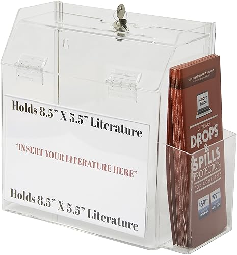 Miniatura 5 de Urna acrílica negra de 5 x 9 x 6 con cerradura, marco de anuncios de 8.5 x 5.5 y soporte para folleto triple - Contenedor de plástico para