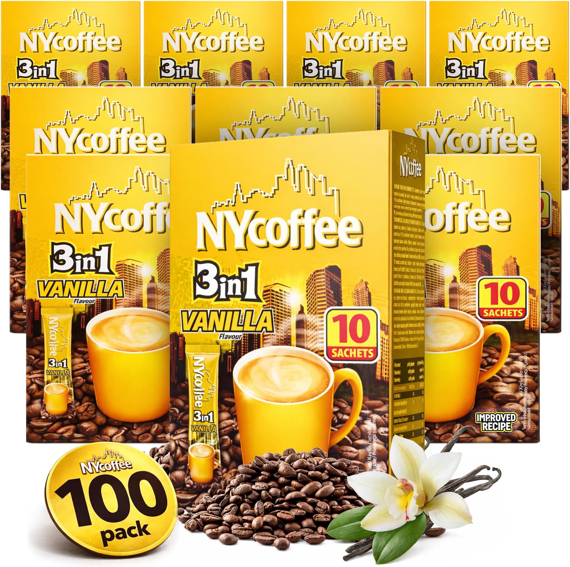 SOL 100pk Bulk NY 3-in-1 Coffee Sachets, Vanilla Latte Flavoured, Case Pack Includes 10 x 10 Individually Wrapped Instant Sticks, Convenient and Portable, Perfect for Home, Office, or Travel