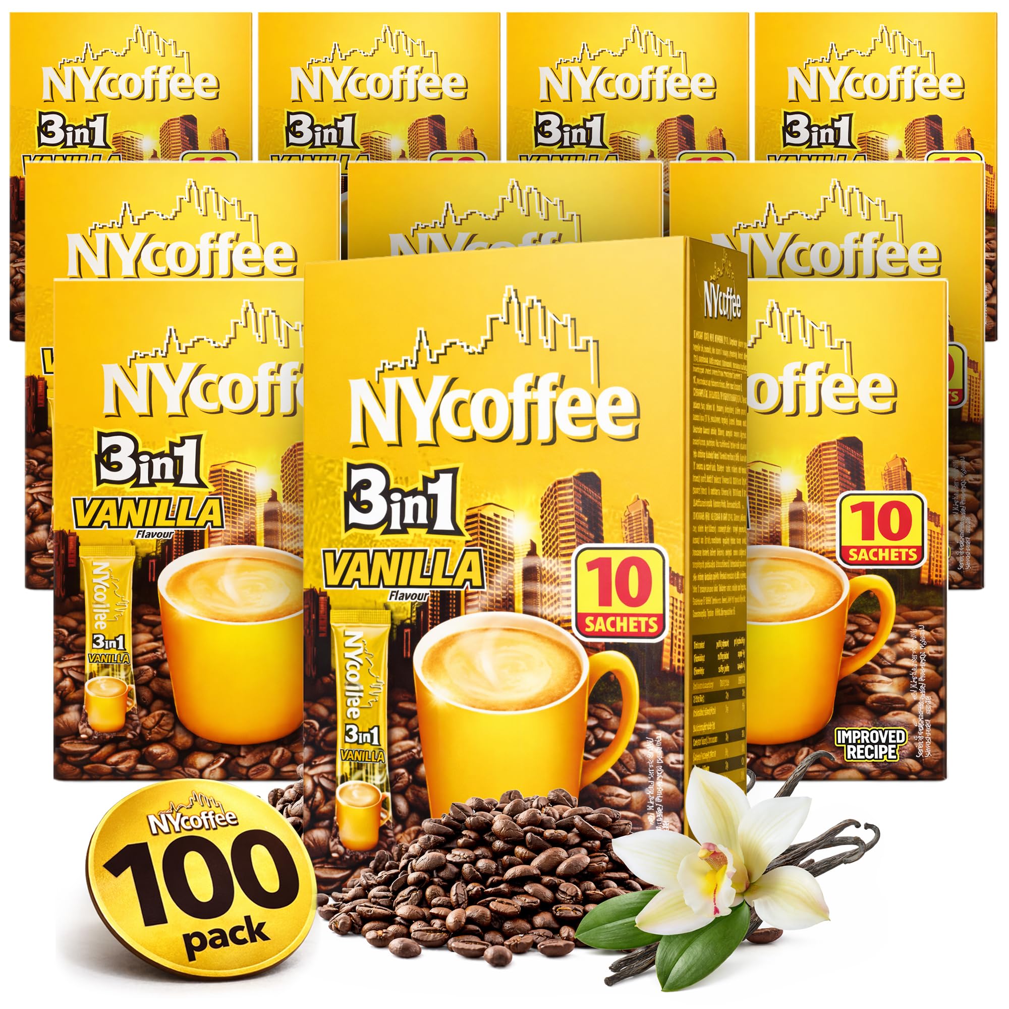 SOL 100pk Bulk NY 3-in-1 Coffee Sachets, Vanilla Latte Flavoured, Case Pack Includes 10 x 10 Individually Wrapped Instant Sticks, Convenient and Portable, Perfect for Home, Office, or Travel