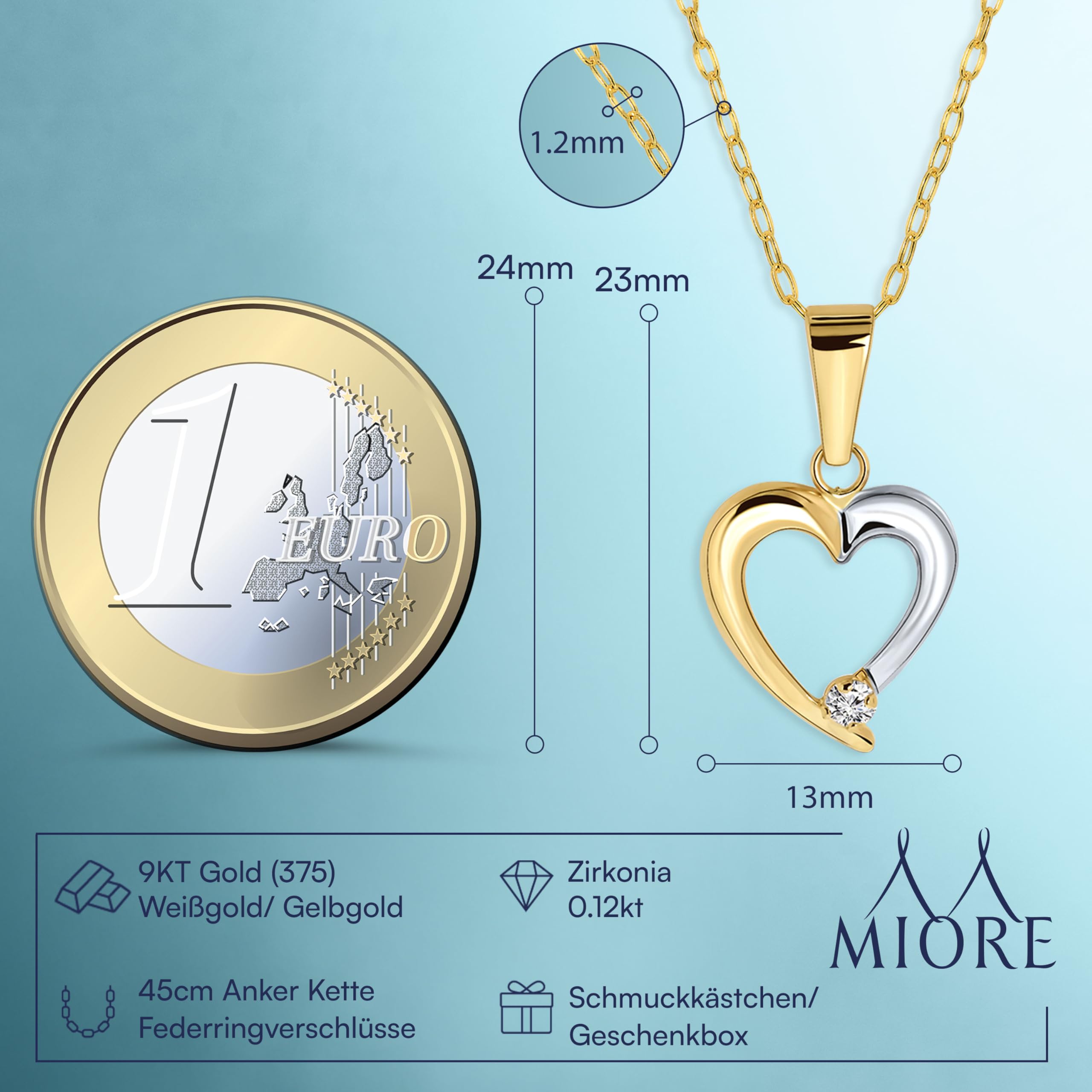 MIORE Schmuck, Herzanhänger aus 375 9 Karat Bicolor Gelbgold/Weißgold, Kettenanhänger Gold mit oder Ohne Goldkette/Silberkette, Goldschmuck Damen